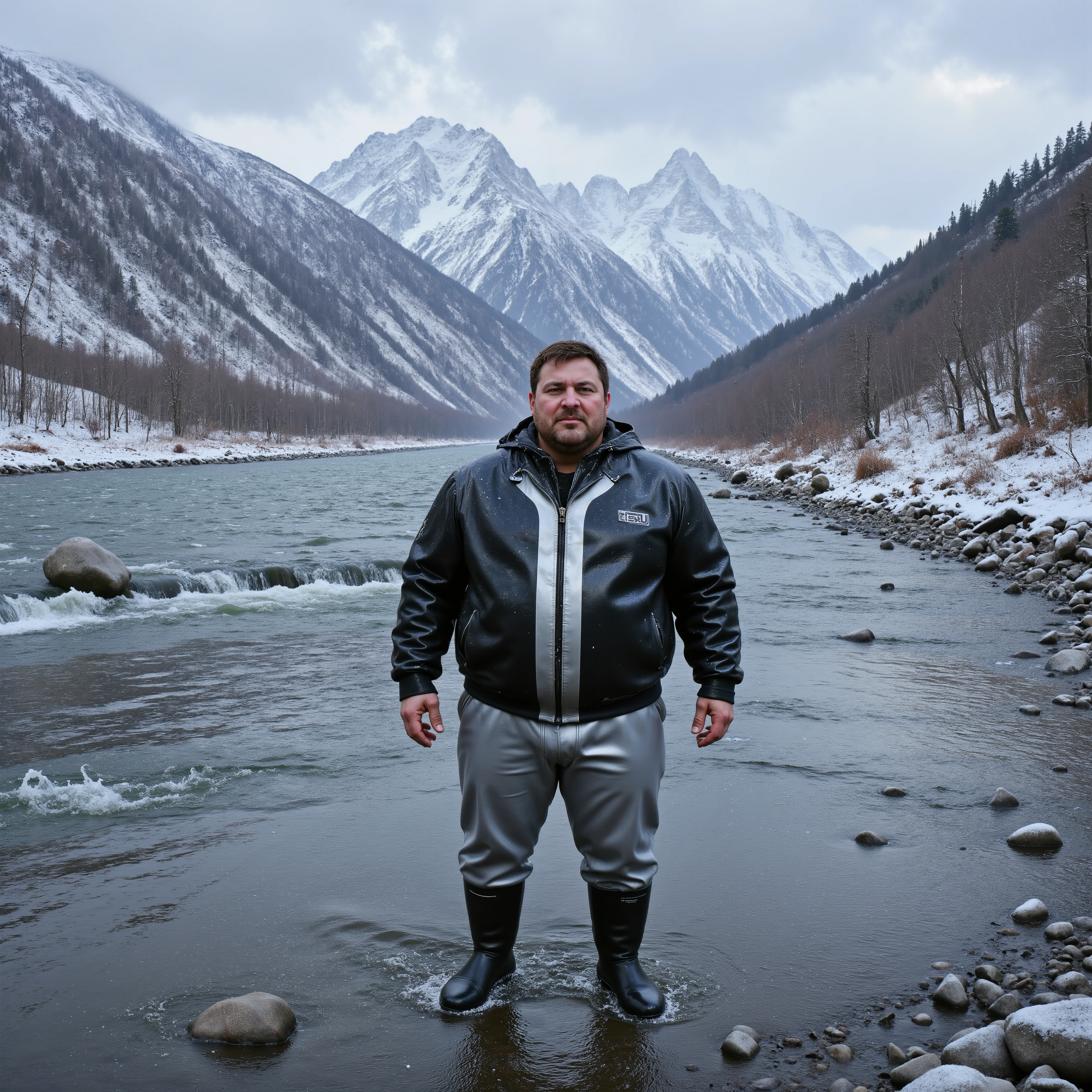 a wide angle image of a 500 pound extremely obese man wearing a shiny polished latex jacket that is black with a shining silver stripe up the middle of the jacket, the man wears silver latex pants, the man wears black rubber boots, he stands in a shallow river near pearlescent mountains that are green and purple with snow caps, it is snowing lightly, the mans jacket is lightly covered with snow, lora: