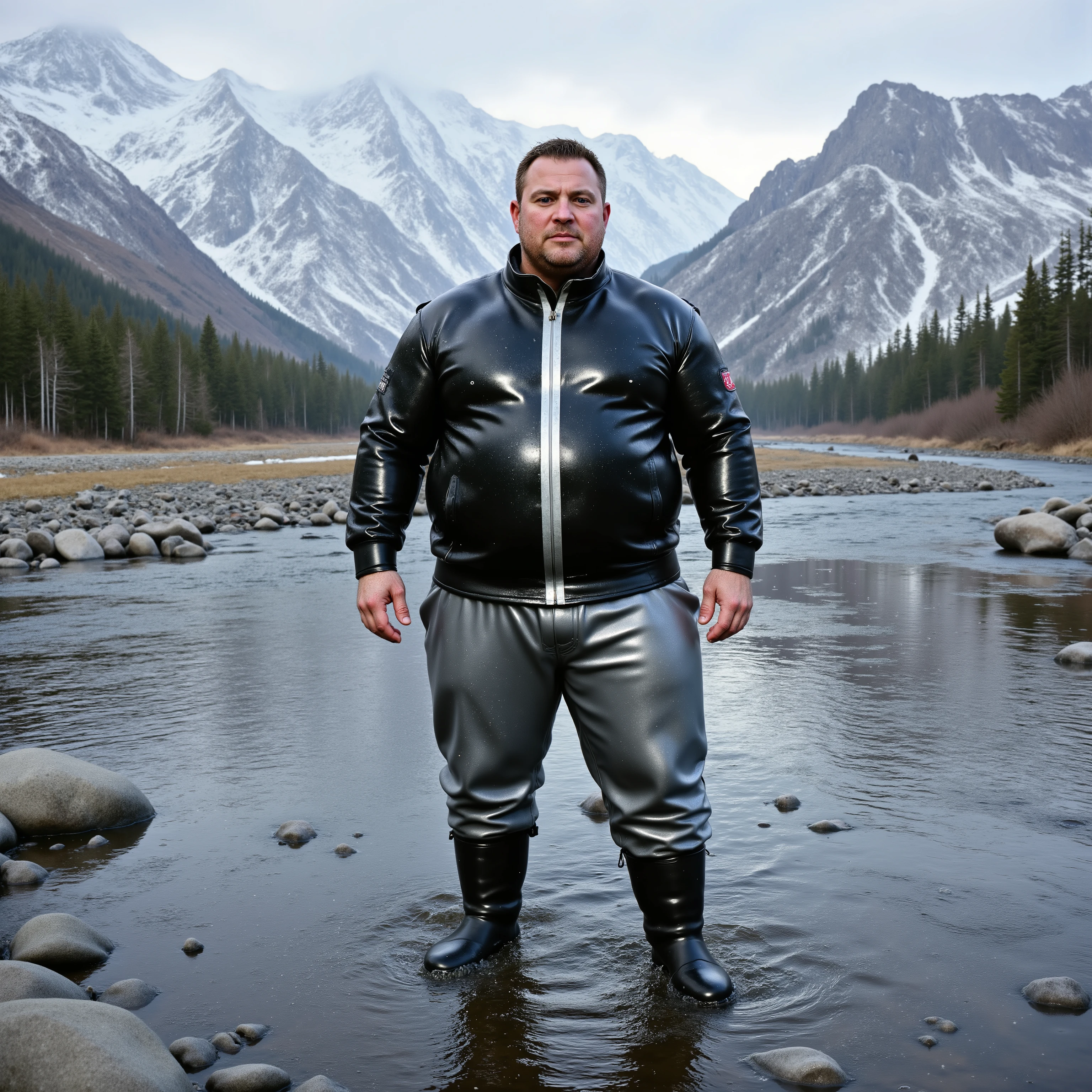 a wide angle image of a 500 pound extremely obese man wearing a shiny polished latex jacket that is black with a shining silver stripe up the middle of the jacket, the man wears silver latex pants, the man wears black rubber boots, he stands in a shallow river near pearlescent mountains that are green and purple with snow caps, it is snowing lightly, the mans jacket is lightly covered with snow, lora: