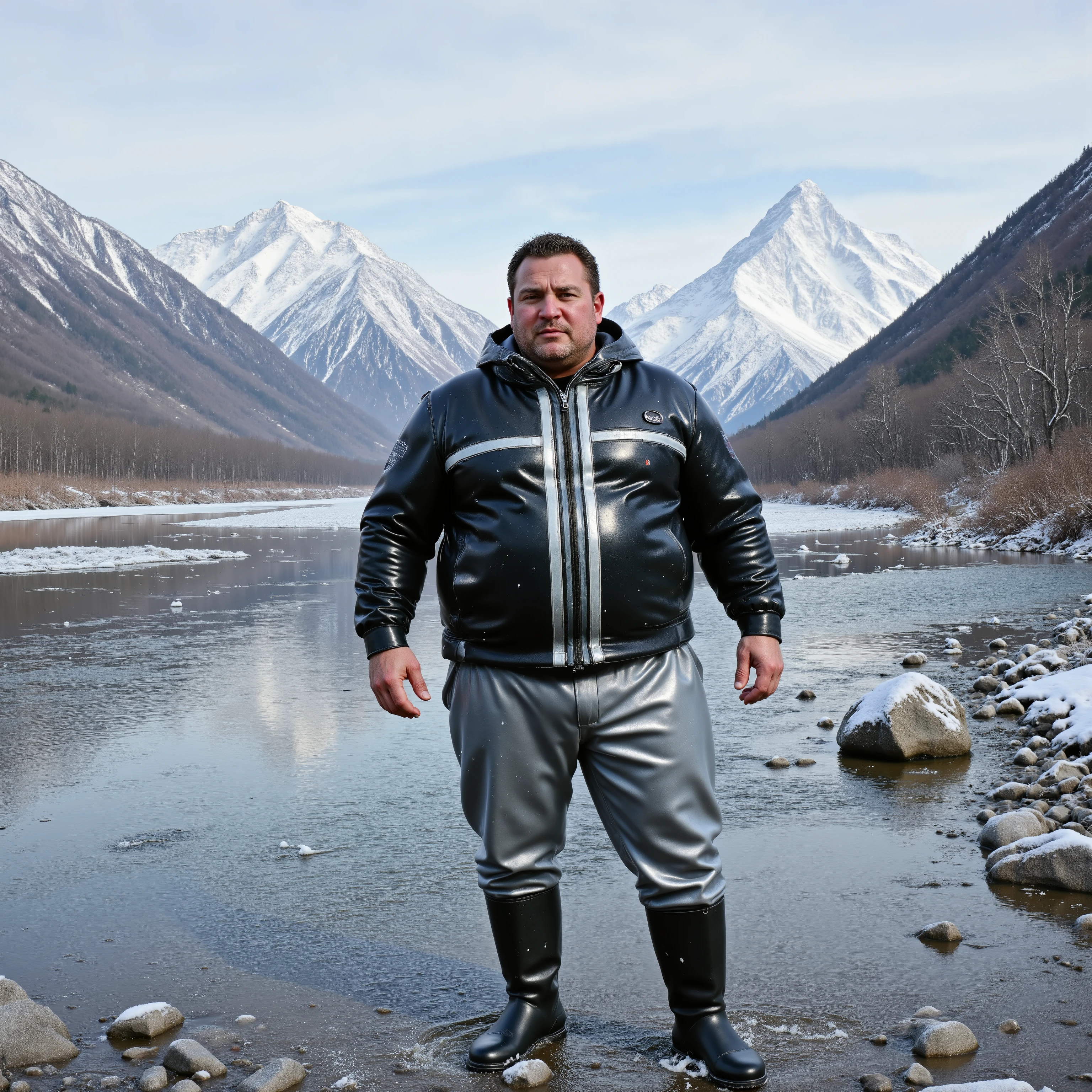 a wide angle image of a 500 pound extremely obese man wearing a shiny polished latex jacket that is black with a shining silver stripe up the middle of the jacket, the man wears silver latex pants, the man wears black rubber boots, he stands in a shallow river near pearlescent mountains that are green and purple with snow caps, it is snowing lightly, the mans jacket is lightly covered with snow, lora: