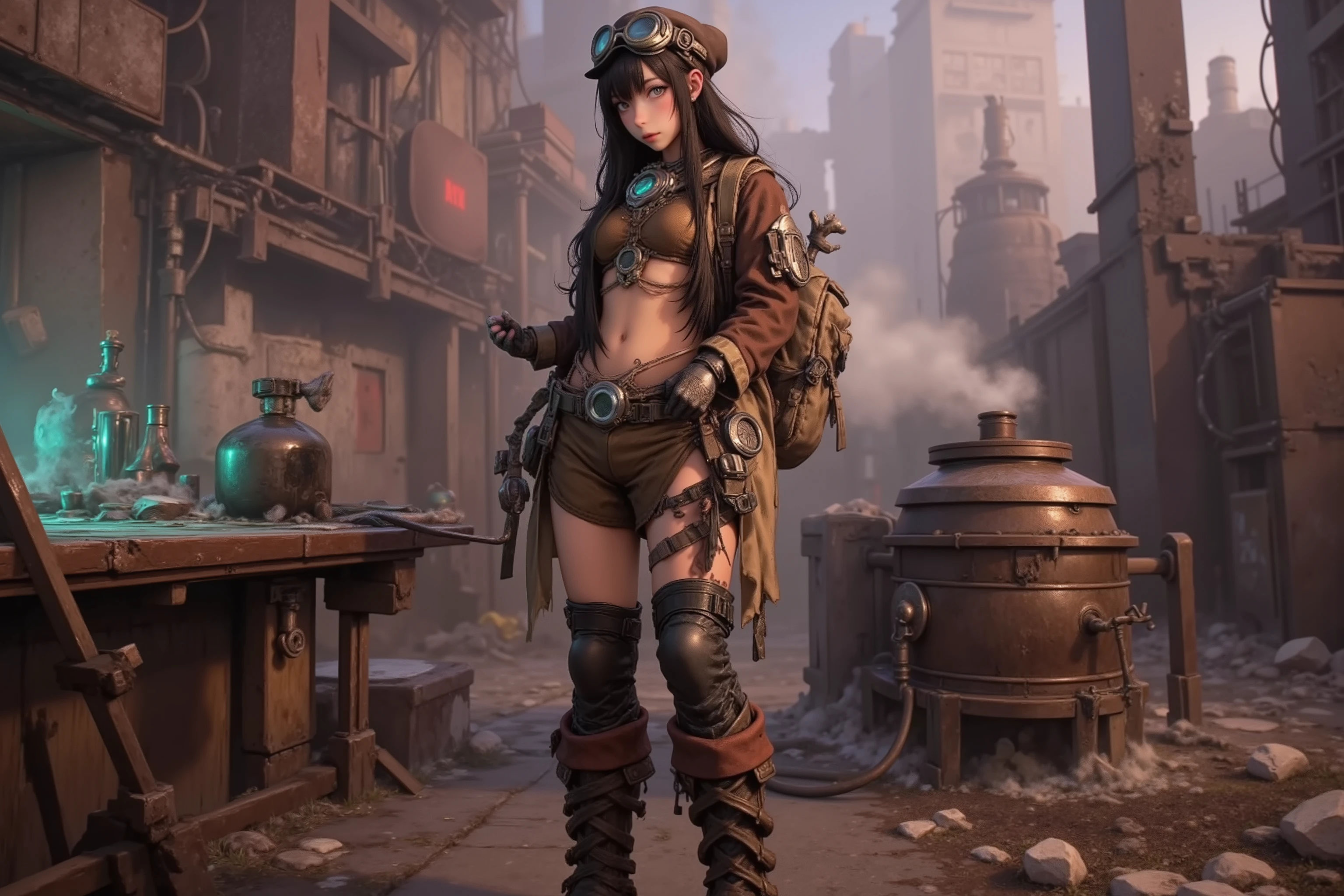cute alchemist (dingy and dirty, sexy wastelander drab brown outfit, goggles in hair, leather cap, long wild hair, big sturdy boots, fingerless gloves, alchemists backpack) she is setting up a alchemy workspace wih glowing potions and a distillery with a steaming still in a ruined modern city seeking savage