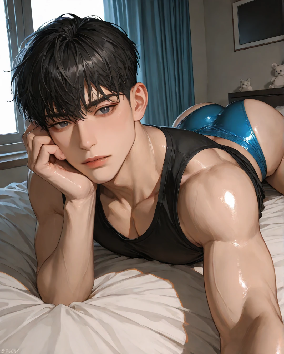 man , สวมชุดบอดี้สูทสีดำSleeveless ,  , sweat , Muscular, best quality), alone, focus man, decorations, 1 boy, glove, earring, belt, Sleeveless, realistic, fingerless glove, dark, Turtleneck, black glove, strap, cowboy shoot, black shirt, drill,white sling,chest muscles，  musclesโป่งใต้เสื้อ,white hair,