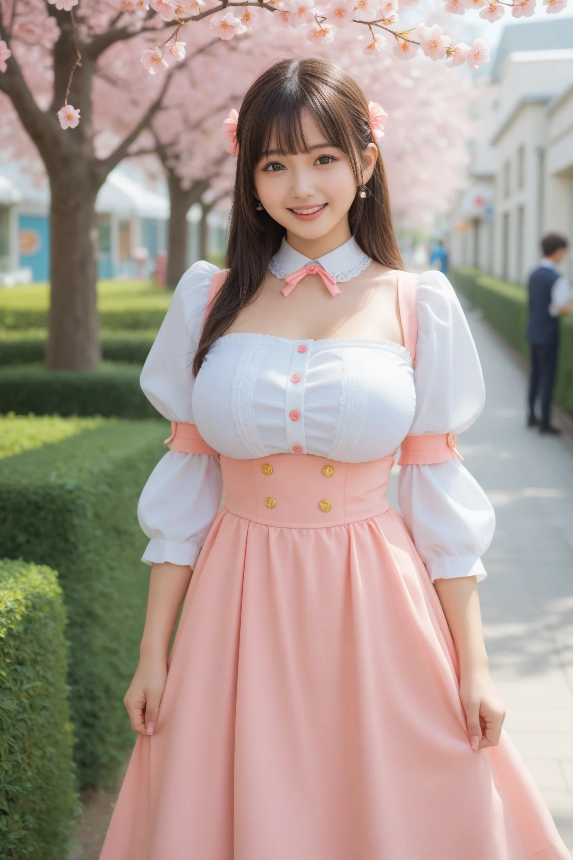 (8K, Highest quality, masterpiece:1.2),\(Eye details\),(\(Clothing Details\)\),Full Body Lesbian,(Huge ),(Face focus) ,Very detailed CG unity 8K wallpaper,Huge file sizes,Super detailed,High resolution,Absurd,Beautiful Eyes,Ray Tracing,Dramatic Shadows,Finely delineated,Dramatic angle,Hyper Detail,(1 Girl:1.3),(alone),,Mature Woman,long hair black,Green Eyes,wear(Cosplay_Magical girl,Very pretty pink dress with ruffles,Large ribbon bow tie bag),