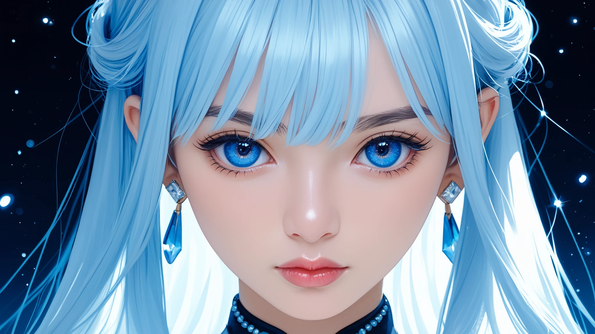 blue eyes, blue hair, white hair, streaked hair, gloves, hat, white gloves, black headwear, frills, more_details:-1, more_details:0, more_details:0.5, more_details:1, more_details:1.5, white Military uniform