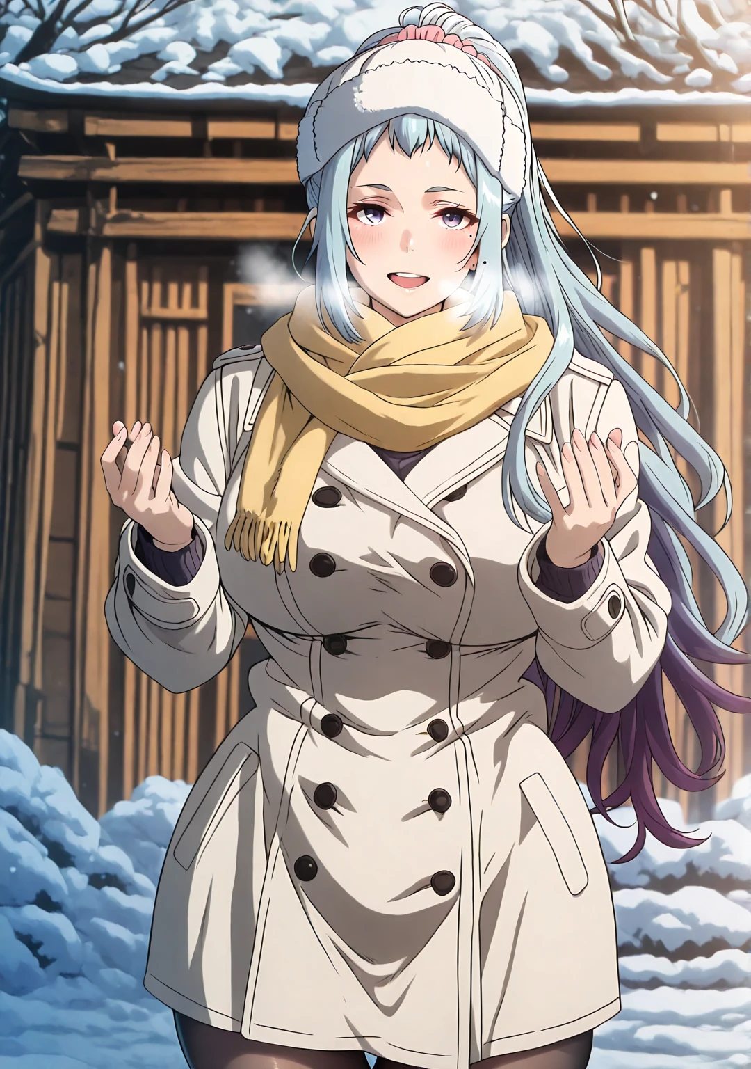 L_Cation2, babu-style, Hgk, (jeneral-style:1.2), (butcha-u-style:1.2), (gin_moku-style:1.3), (toi8-style:1.4), ((anime coloring, anime screencap)), shiny skin, Hand drawn, cinematic, Sharp focus, humorous illustration, big depth of field, Masterpiece, ((derivative)), concept art, trending on artstation, Vivid colors, Simplified style, trending on ArtStation, trending on CGSociety, Intricate, Vibrant colors, Soft Shading, Simplistic Features, Sharp Angles, Playful, (voluptuous body:1.4), (mature female:1.4), (cellulite:1.3), ((anatomical correct)), perfect body, perfect eyes, perfect fingers, gasping, heavy breathing, gasping profusely, ((skindentation)), ((curvy, thigh gap)), high ponytail, long hair, multicolored hair, light blue hair, purple hair, purple eyes, mole under eye, hair scrunchie, pink scrunchie, plump, 1girl, scarf, solo, hat, smile, coat, chromatic_aberration, blush, breasts, facing_viewer, white_coat, pantyhose, winter_clothes, long_sleeves, yellow_scarf, outdoors, buttons, blurry, hands_up, fur_hat, blurry_background, white_headwear, open_mouth, cold, breeze 