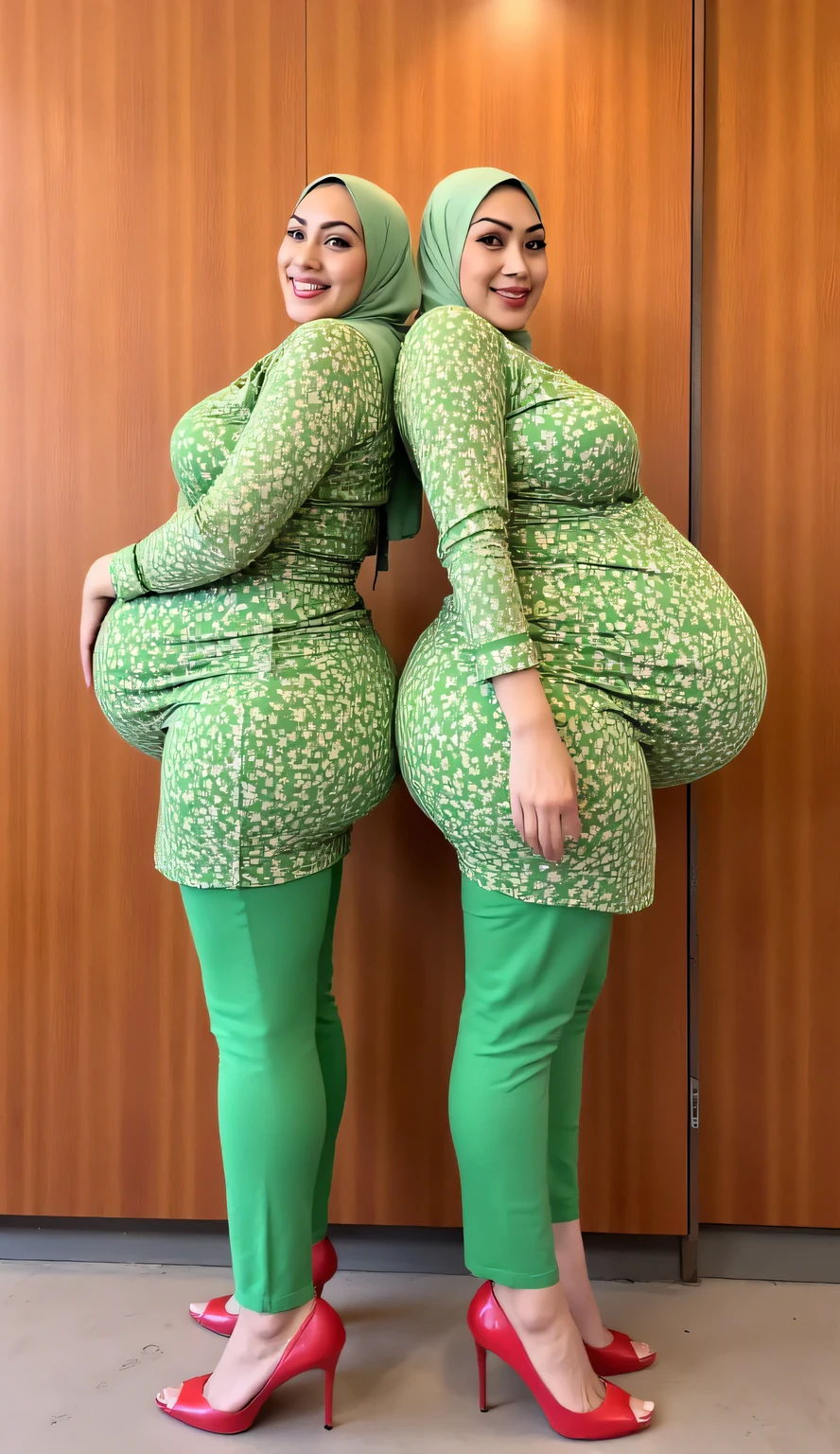 2 preggos , 45 years and 50 years womans , huge ass, chartreuse hijab batik , wearing chartreuse kebaya and tight leggings, red high heels , very white skin , Large Belly , Huge belly, beautiful hips , round buttocks , hand detail , very thick lips , smiley face ( turns to the camera ) , back to back pose ,(( taking a photo from the side )) . Background in the wooden wall. (( lighting the photo object very bright and clear )) , 32K , RAW, (( realistic )).