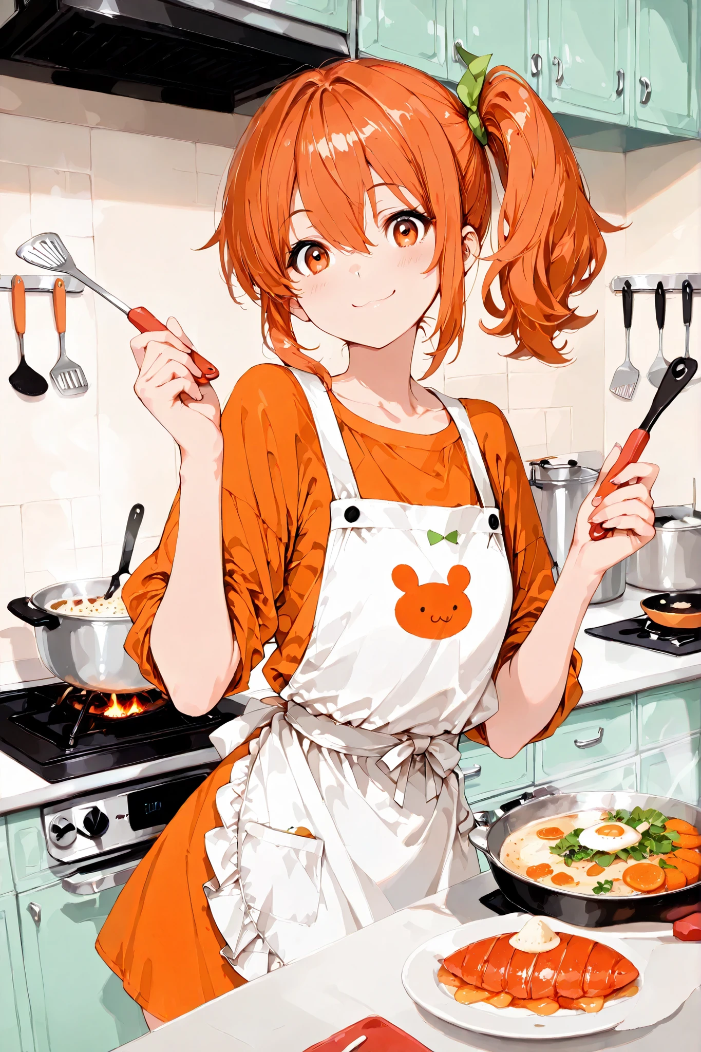 (masterpiece, high resolution, best quality, ultra-detailed, 8k)、anime style、Sharp focus、A giant-sized prawn with detailed textures , looking majestic and alive、break、1 woman、Orange Clothes、Orange Hair、Side Ponytail、Crimson round eyes、playful smile 、Apron、((dim kitchen;1.2))、cooking、random angle