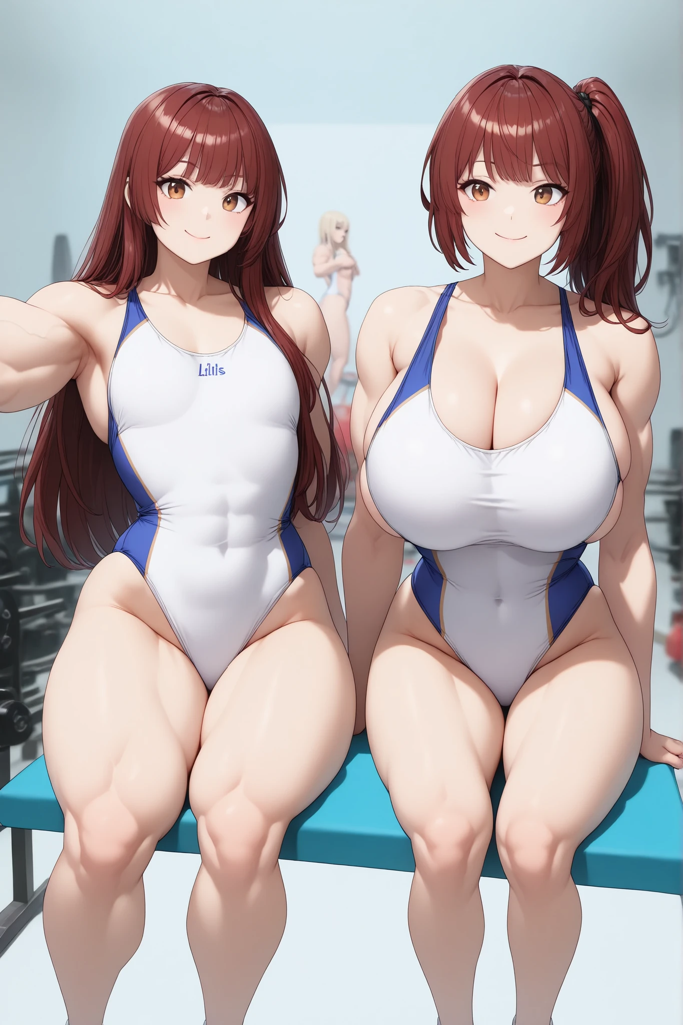 score_9, score_8_up , score_7_up , just describe what you want, tag1, tag2,official art, official style,anime capture, anime coloring, anime screenshot, game cg,illustration, necömi style,(masterpiece:1.5),(most detailed:1.5), (high resolution:1.5), (best quality:1.5),(perfect anatomy:1.5), (4K:1.3),(2 girls:1.3),(dynamic posing:1.5),(Various poses:1.5) , (Lala is flat chest on the left:1.5),(Lily is on the right:1.5),(mizuno competition swimsuit:1.5), both have brown hair:1.5, brown eyes,beautiful girl:1.3,(Lala is flat chest:1.5 and flat chest and flat chest and barrel-shaped body and big body:1.3 and cylindrical body type:1.5 and muscular and brawny and beefy and toned body and abs and Wide shoulders and wide chest and wide torso : 1.3),
(Lily is a huge breasts and boob and cleavage and glamorous and voluptuous and with natural bangs: 1.5) ,( gym,sunshine :1.5 ),smile:1.3,(sitting,kneeling:1.5)