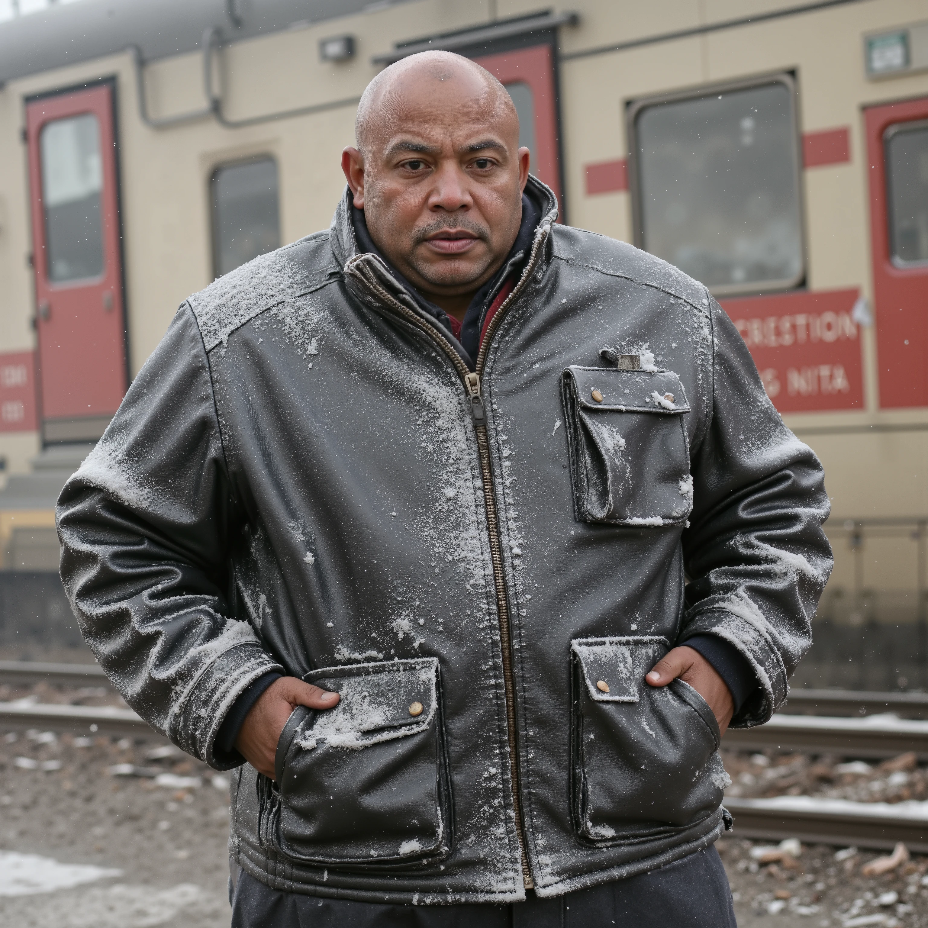 a full-figured body 58 year old black man with massive arms and belly, wearing a snowicecovered snow and ice covered black leather 1960s motorcycle jacket brit1960smoto that has heavy wrinkles dust spots and grime from age, the man stands outside of a snow covered train station