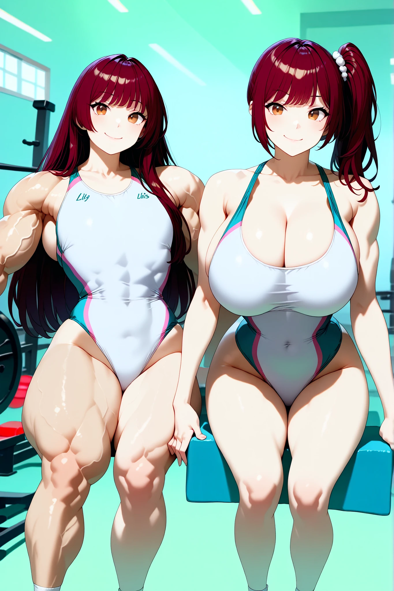 score_9, score_8_up , score_7_up , just describe what you want, tag1, tag2,official art, official style,anime capture, anime coloring, anime screenshot, game cg,illustration, necömi style,(masterpiece:1.5),(most detailed:1.5), (high resolution:1.5), (best quality:1.5),(perfect anatomy:1.5), (4K:1.3),(2 girls:1.3),(dynamic posing:1.5),(Various poses:1.5) , (Lala is flat chest on the left:1.5),(Lily is on the right:1.5),(mizuno competition swimsuit:1.5), both have brown hair:1.5, brown eyes,beautiful girl:1.3,(Lala is flat chest:1.5 and flat chest and flat chest and barrel-shaped body and big body:1.3 and cylindrical body type:1.5 and muscular and brawny and beefy and toned body and abs and Wide shoulders and wide chest and wide torso : 1.3),
(Lily is a huge breasts and boob and cleavage and glamorous and voluptuous and with natural bangs: 1.5) ,( gym,sunshine :1.5 ),smile:1.3,(sitting,kneeling:1.5)