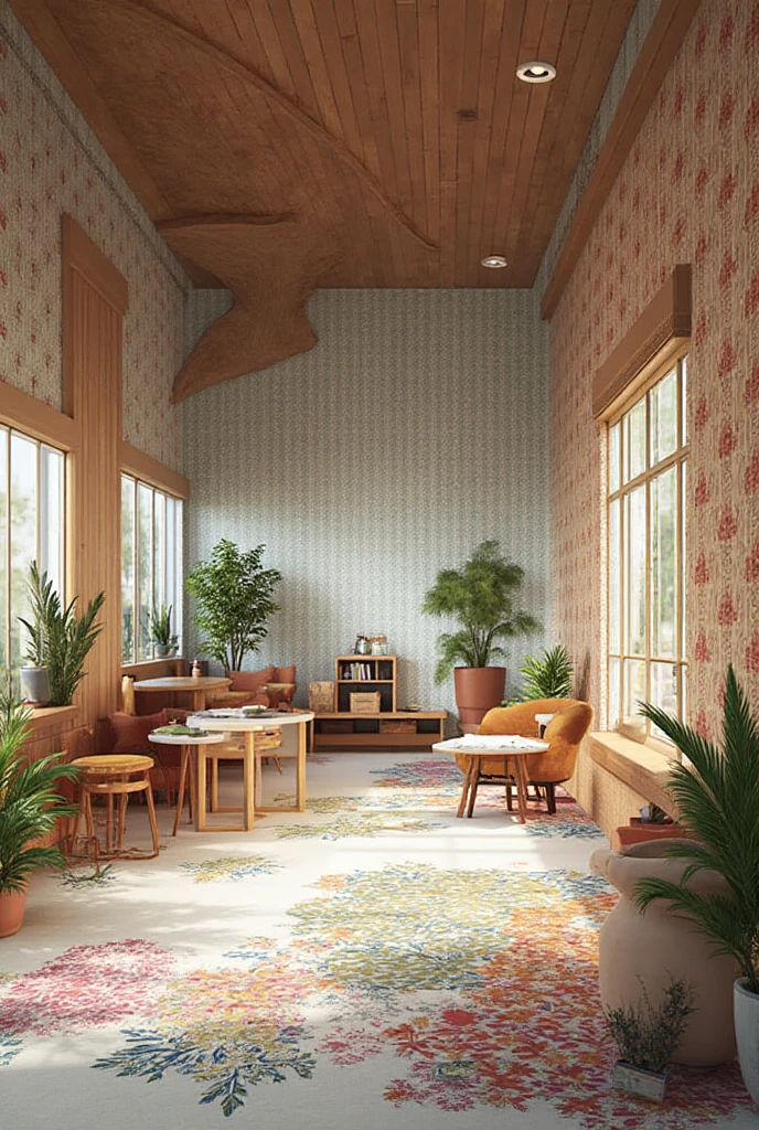 Create a hyper-realistic image of a cozy, sunlit room with a low wooden table and floor cushions. The room should have a large window letting in natural light, illuminating the space. Include elements such as potted plants, a patterned rug, and bookshelves filled with books and small decorative items. The window should offer a view of a lush garden outside. Use warm, inviting colors and soft lighting to enhance the cozy atmosphere. The overall scene should be serene and welcoming, capturing the essence of a peaceful and comfortable living space