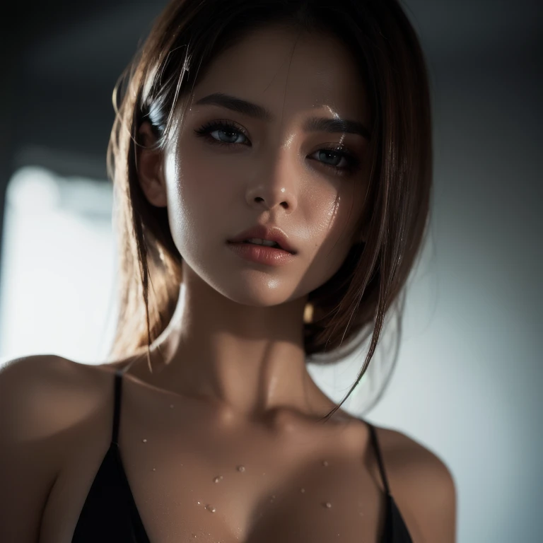 turbulent attitude、（Extremely exquisite and beautiful work）、（​Masterpiece）、1 girl in、girl with clothes、high detail、waist leakage、ponytail twist、charming look、beautiful clear eyes、blue eyes、exquisite necklace、exquisite earrings、fairy ears、Simple background blur、Ultra-fine depiction、beautiful turd、Tempting、Ultra-fine paintina rell girl g、delicate face、Exquisite figure、fine clavicle、cute lips、beautiful breasts、Soft back、Mix 4、(8k、original photography、top quality) 、​Masterpiece:1.2)、(realistic、Realism:1.37)、1 girl、cute little、city View、night、rain、wet、professional lighting、photon mapping、radio city、Physically based rendering、Whole BodyEsbian、Random hair color、