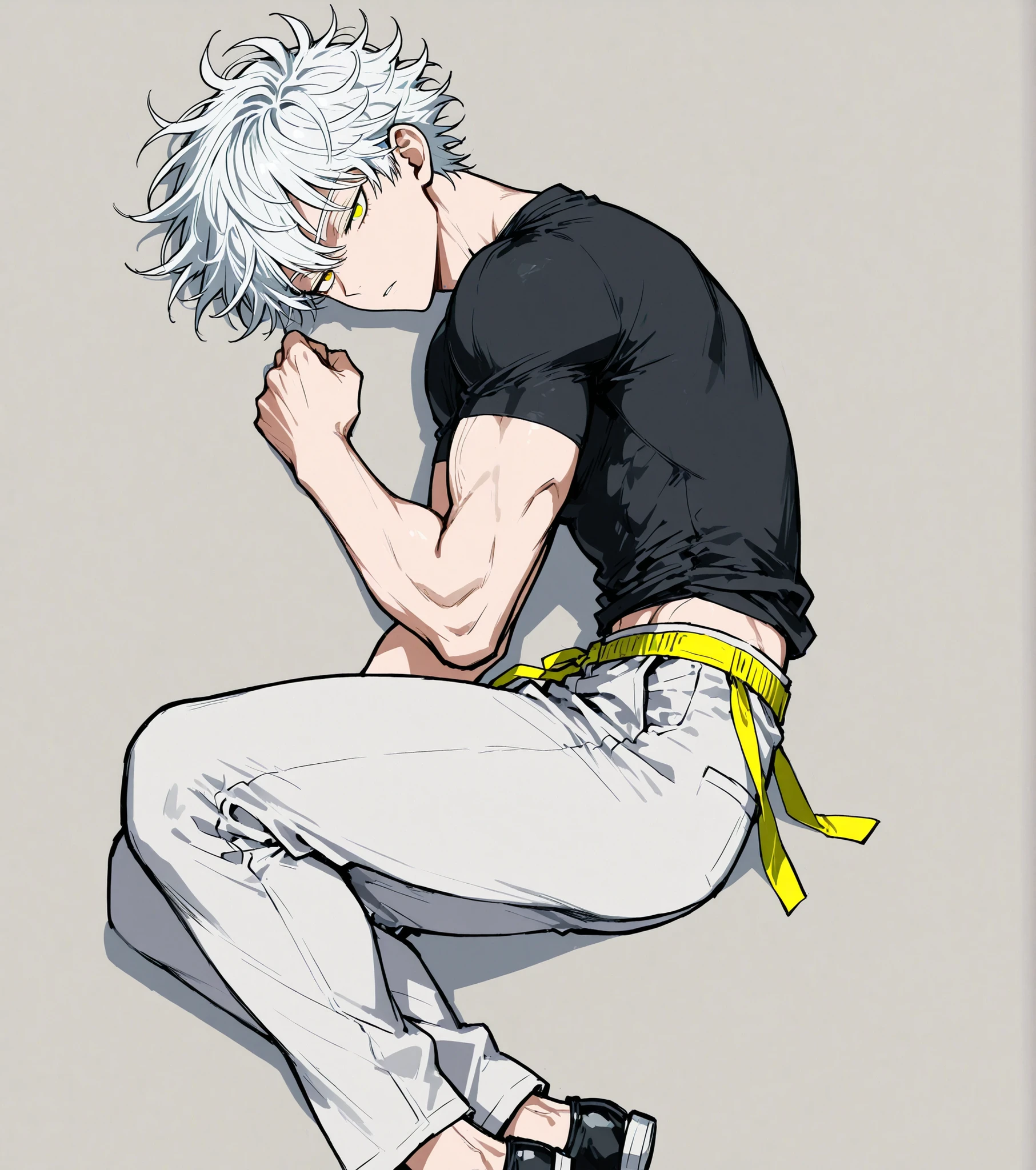  one person , man [Garou from the One Punch Man series]. black little bow seamless ballet flat shoes. white jogger pants. with thick yellow straps tied around the waist. tight black long sleeve t-shirt. yellow eyes. neat white hair,  Subtle Color Changes , short hair length.  young man. is handsome and clean. illustration referring to Murata's painting style and fan art. clear and delicate expression, anime character. high quality anime art style, Fair skin texture, perfect configuration. soft tone that grabs the thigh, detailed fan art, Full Color Illustration, Clean Line Drawing and Color, excellent character design,  dramatic contrast , masterpieces, top quality underneath, super high resolution, UHD, intricate details, very fine and neat muscle arrangement, accurate muscle position [Command execution]. on side, from above, feet out of frame, toned, manga art,  Sleeping expression 