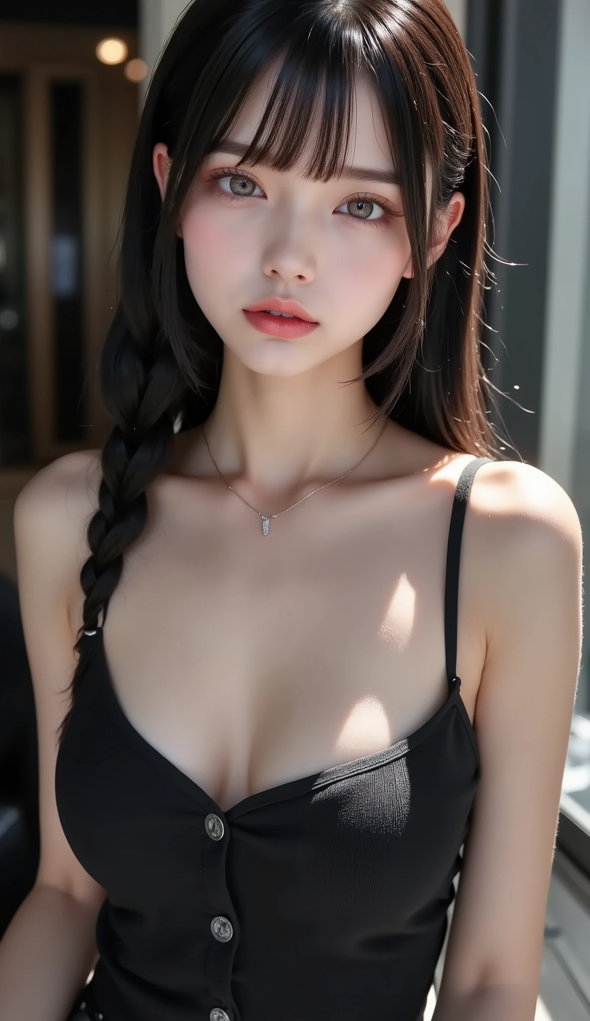 professional fashion model ,  model photography ,  Dynamic Composition,  charming and surprising angles,  professional camera work ,  and above; the highest quality,  pull out a huge penis with a very sophisticated,  realistic skin texture , Ultra Hi-Vision,  high definition, correct, 해부학적으로 correct, masterpiece, Premier,  beautiful hair,  black camisole, face up with eyebrows,smile,  Blurry Background ,  DROP SHADOW,  corrosive material,  cinematic lighting effects ,  ray tracing , 8K octane, Filming technique 