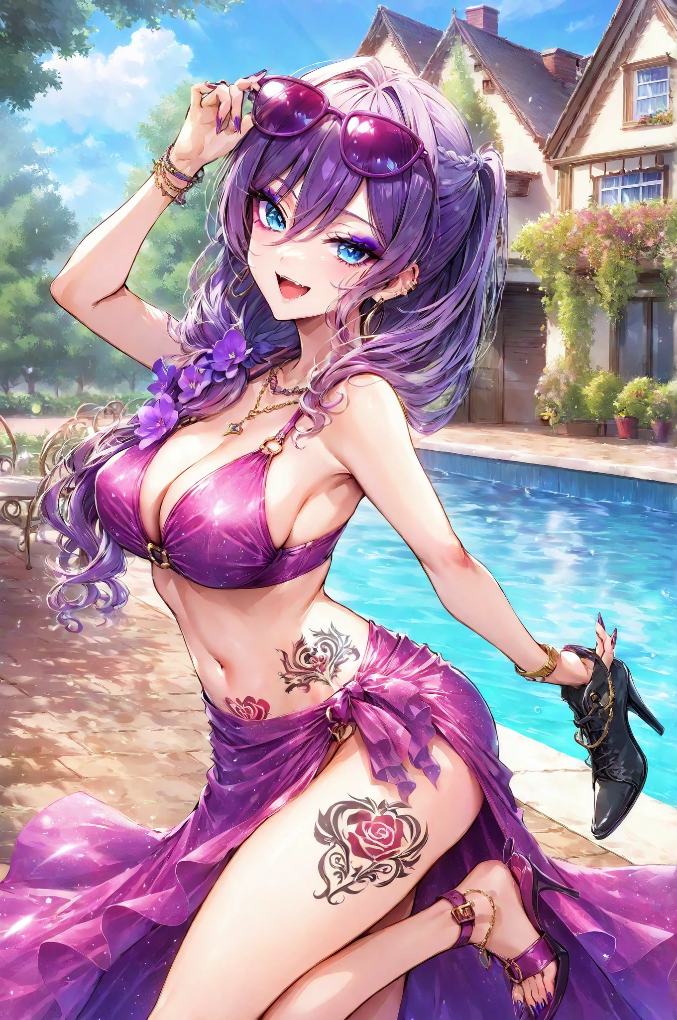 (A beautiful young Japanese woman), , (((soils))), ((Excellent : 1.2)), (Random hair color, Random hairstyle), Big Tits, (dark skin:1.5), (((Colorful Extreme Micro String Bikini, flip flops))), Earrings, (夜のPoolside:1.5), Midnight, The light is on my face, (Dynamic Angles), grin, Flushed face, (ceavage:1.3), (The whole body is visible:1.5), Poolside, Beautiful thighs, ((Covering eyes Pose)), ((Armpit Hair)), (Crouching:1.5), , 