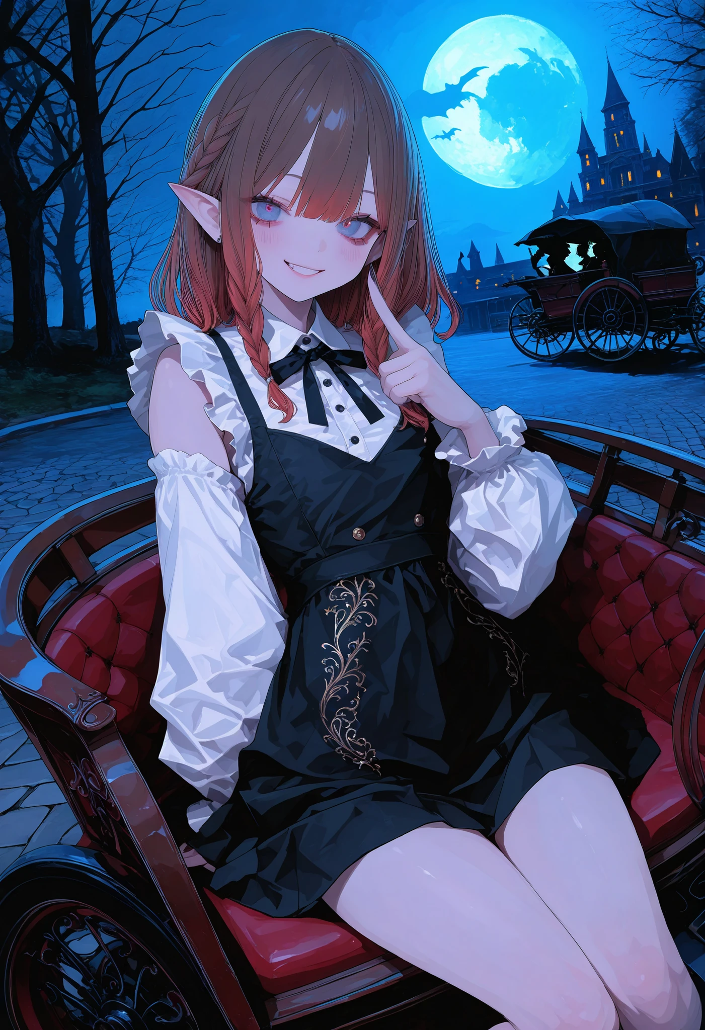 brown hair,shortcuts,unkempt hair,Short braided hair,Neat,slender beauty,correct attitude,small breasted,beautiful legs,The enchanting gray-blue eyes are shining like stars,Saggy Eyes,bright color,beautiful eyes,A delicate smile,cowboy shot、gothic parade、(((carriage)))、gothic girl、((behind black ghost march))、((Ghost silhouette))、Tokyo Disneyland,Tokyo Disneylandの活気に満ちた魔法のような雰囲気の中を歩く, casual clothes that pierce your cheeks with your fingers、cute clothes、Cinderella Castle can be seen in the background, warm sunshine、The Vibrance and Cheerful Atmosphere of Disneyland,Families and couples pass by,heavy and glamorous atmosphere、gorgeous float、漆黒の馬が引くcarriage、masquerade costumes、Elegant decoration、frills、race、gold embroidery、crimson and purple velvet、fiery torches、Night City、Cobblestone、majestic architecture、Contrast of Shadow and Light、Mysterious、fantastic、dramatic、High Fine、meteor、空から降り注ぐmeteor、無数のmeteor群、Textured Skin,best quality,gentle and beautiful woman,anime style、high quality lighting、add a bit of cyberpunk vibe、emphasis on detail、8K、masterpiece、Art Station、cinematic、volumetric lighting、cinematic vibe、Decadent Beauty、deep composition、