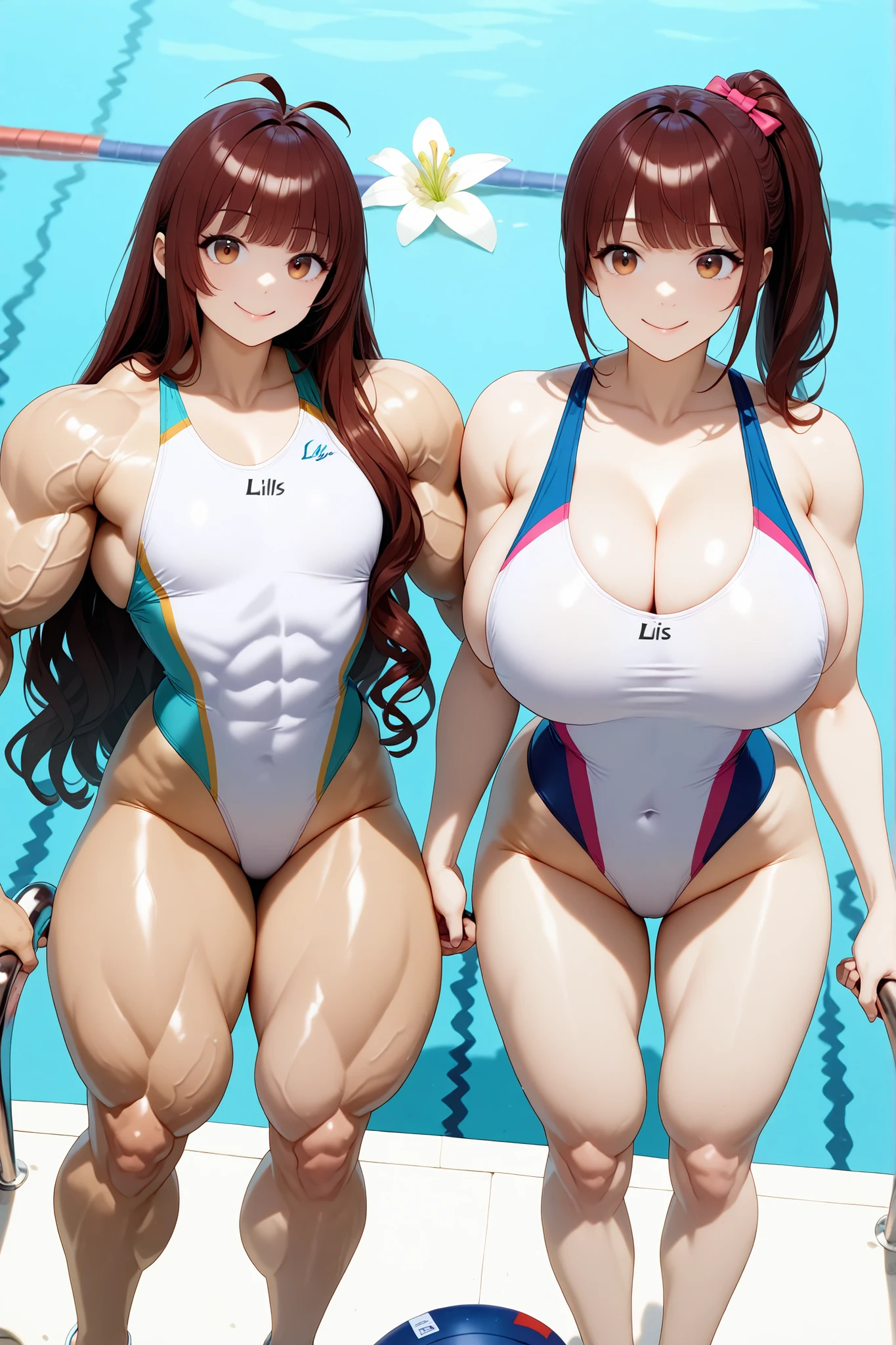 score_9, score_8_up , score_7_up , just describe what you want, tag1, tag2,official art, official style,anime capture, anime coloring, anime screenshot, game cg,illustration, necömi style,(masterpiece:1.5),(most detailed:1.5), (high resolution:1.5), (best quality:1.5),(perfect anatomy:1.5), (4K:1.3),(2 girls:1.3),(dynamic posing:1.5),(Various poses:1.5) , (Lala is flat chest on the left:1.5),(Lily is on the right:1.5),(mizuno competition swimsuit:1.5), both have brown hair:1.5, brown eyes,beautiful girl:1.3,(Lala is flat chest:1.5 and flat chest and flat chest and barrel-shaped body and big body:1.3 and cylindrical body type:1.5 and muscular and brawny and beefy and toned body and abs and Wide shoulders and wide chest and wide torso : 1.5),
(Lily is a huge breasts and boob and cleavage and glamorous and voluptuous and with natural bangs: 1.5) ,( pool,sunshine :1.5 ),smile:1.3,(kneeling:1.5),(from above:1.7)