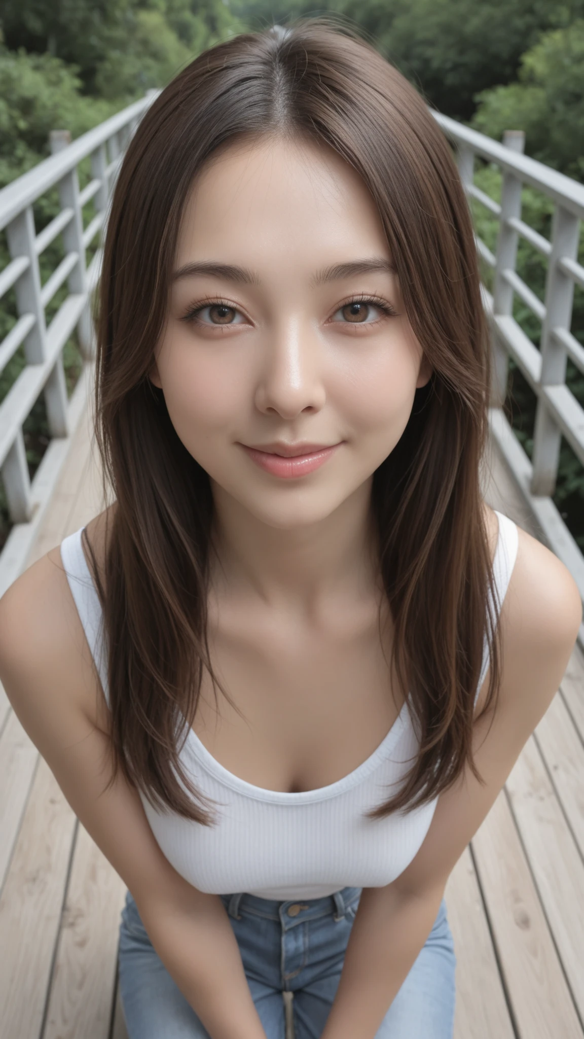 Arisa
(masterpiece, Highest Quality, Ultra HD, 8K),
anatomically accurate, Ultra High Definition,
Photorealistic full body photo of a beautiful young Japanese woman,
I'm wearing an erotic costume that emphasizes the face and upper body , perfect, symmetrical face,
natural and soft skin texture, smooth and realistic details,
long straight dark brown hair similar to Hong Eun-chae, wear a white tank top and jeans,
Summer outdoors, cinematic natural light,
The expression that smiles softly, clear eyelids, Bright Clear Eyes ,
balanced ratio of forehead, nose, and chin,
nose width equal to eye width, Equal from under the nose to under the lip and from under the lip to the chin,
the height of the bridge of the nose is the same as the upper eyelid,
natural makeup, Realistic skin down to the pores, anatomically accurateな体,
staring directly at the viewer, Japanese beauty style。