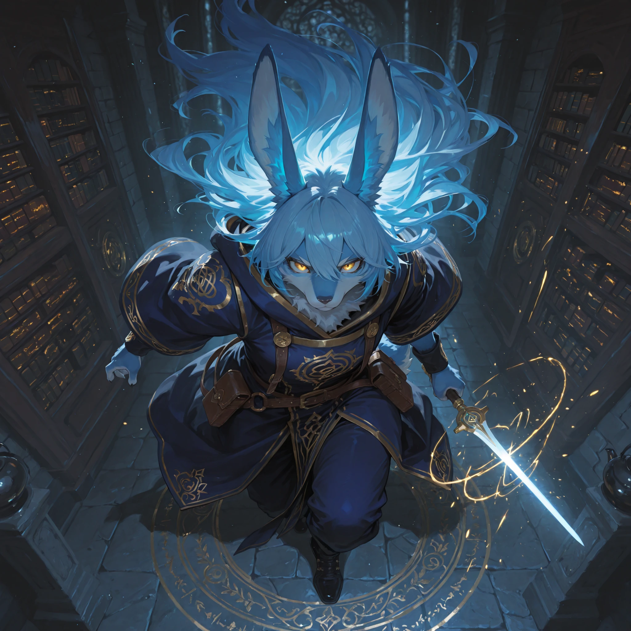 748cmstyle, action pose, dynamic pose, Dynamic action, dynamic angles, dynamic perspective, dynamic color, dynamic light, holding weapon,moody lighting, dramatic shadows, bloom lighting, colored shadows, amazing quality, very aesthetic, high resolution, absurdres, newest, scenery, furry, anthro, detailed background, detailed hair, depth of field, detailed fluffy fur, photorealistic details, volumetric lighting, masterpiece, best quality, highres, anatomically correct, detailed illustration, cinematic lighting,
a beautiful beastwoman alchemist with long light-blue hair and golden eyes, blue fur, and elegant rabbit ears.
She wears a deep crimson alchemist robe adorned with subtle embroidery and metallic clasps.
Surrounded by floating manuscripts and ancient scrolls in a vast, ancient library in the morning, glowing alchemical circles inscribed on the stone walls.
She holds a luxurious iron kettle used for mystical brewing, her expression calm yet deeply focused.
Dust particles and parchment fragments drift through the air, illuminated by shafts of light piercing from above.
magical atmosphere, balance of intelligence and primal grace, dynamic composition, fantasy realism, volumetric light, ultra-detailed texture