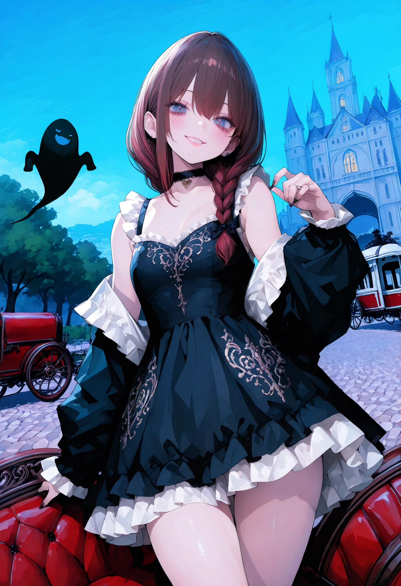 brown hair,shortcuts,unkempt hair,Short braided hair,Neat,slender beauty,correct attitude,small breasted,beautiful legs,The enchanting gray-blue eyes are shining like stars,Saggy Eyes,bright color,beautiful eyes,A delicate smile,cowboy shot、gothic parade、(((carriage)))、gothic girl、((behind black ghost march))、((Ghost silhouette))、Tokyo Disneyland,Tokyo Disneylandの活気に満ちた魔法のような雰囲気の中を歩く, casual clothes that pierce your cheeks with your fingers、cute clothes、Cinderella Castle can be seen in the background, warm sunshine、The Vibrance and Cheerful Atmosphere of Disneyland,Families and couples pass by,heavy and glamorous atmosphere、gorgeous float、漆黒の馬が引くcarriage、masquerade costumes、Elegant decoration、frills、race、gold embroidery、crimson and purple velvet、fiery torches、Night City、Cobblestone、majestic architecture、Contrast of Shadow and Light、Mysterious、fantastic、dramatic、High Fine、meteor、空から降り注ぐmeteor、無数のmeteor群、Textured Skin,best quality,gentle and beautiful woman,anime style、high quality lighting、add a bit of cyberpunk vibe、emphasis on detail、8K、masterpiece、Art Station、cinematic、volumetric lighting、cinematic vibe、Decadent Beauty、deep composition、