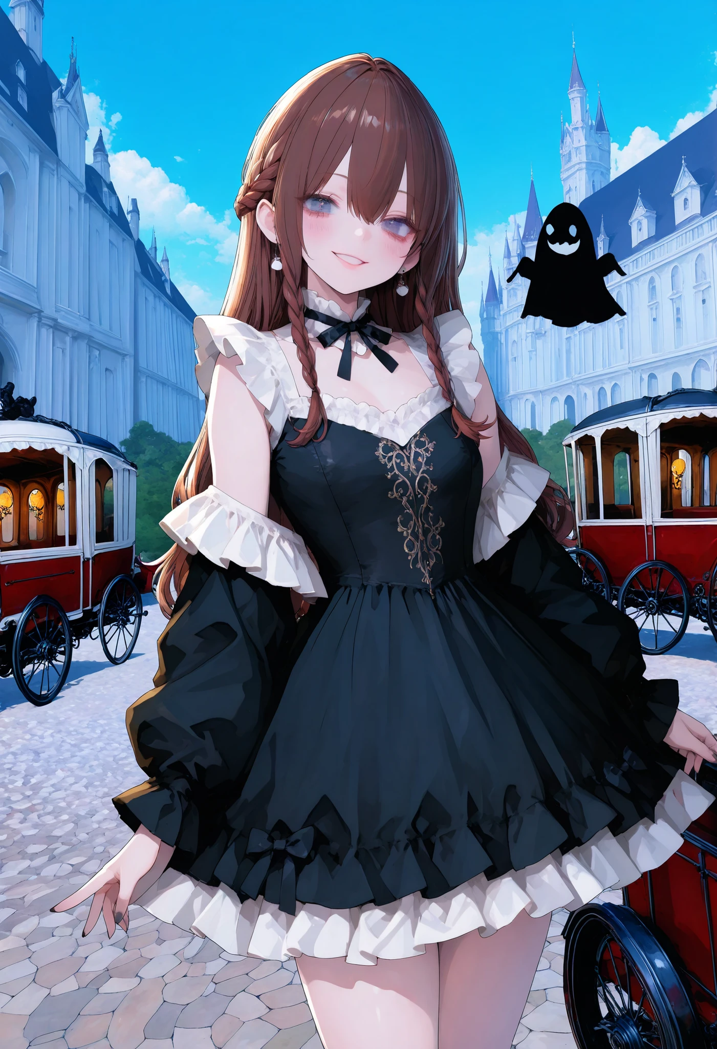 brown hair,shortcuts,unkempt hair,Short braided hair,Neat,slender beauty,correct attitude,small breasted,beautiful legs,The enchanting gray-blue eyes are shining like stars,Saggy Eyes,bright color,beautiful eyes,A delicate smile,cowboy shot、gothic parade、(((carriage)))、gothic girl、((behind black ghost march))、((Ghost silhouette))、Tokyo Disneyland,Tokyo Disneylandの活気に満ちた魔法のような雰囲気の中を歩く, casual clothes that pierce your cheeks with your fingers、cute clothes、Cinderella Castle can be seen in the background, warm sunshine、The Vibrance and Cheerful Atmosphere of Disneyland,Families and couples pass by,heavy and glamorous atmosphere、gorgeous float、漆黒の馬が引くcarriage、masquerade costumes、Elegant decoration、frills、race、gold embroidery、crimson and purple velvet、fiery torches、Night City、Cobblestone、majestic architecture、Contrast of Shadow and Light、Mysterious、fantastic、dramatic、High Fine、meteor、空から降り注ぐmeteor、無数のmeteor群、Textured Skin,best quality,gentle and beautiful woman,anime style、high quality lighting、add a bit of cyberpunk vibe、emphasis on detail、8K、masterpiece、Art Station、cinematic、volumetric lighting、cinematic vibe、Decadent Beauty、deep composition、