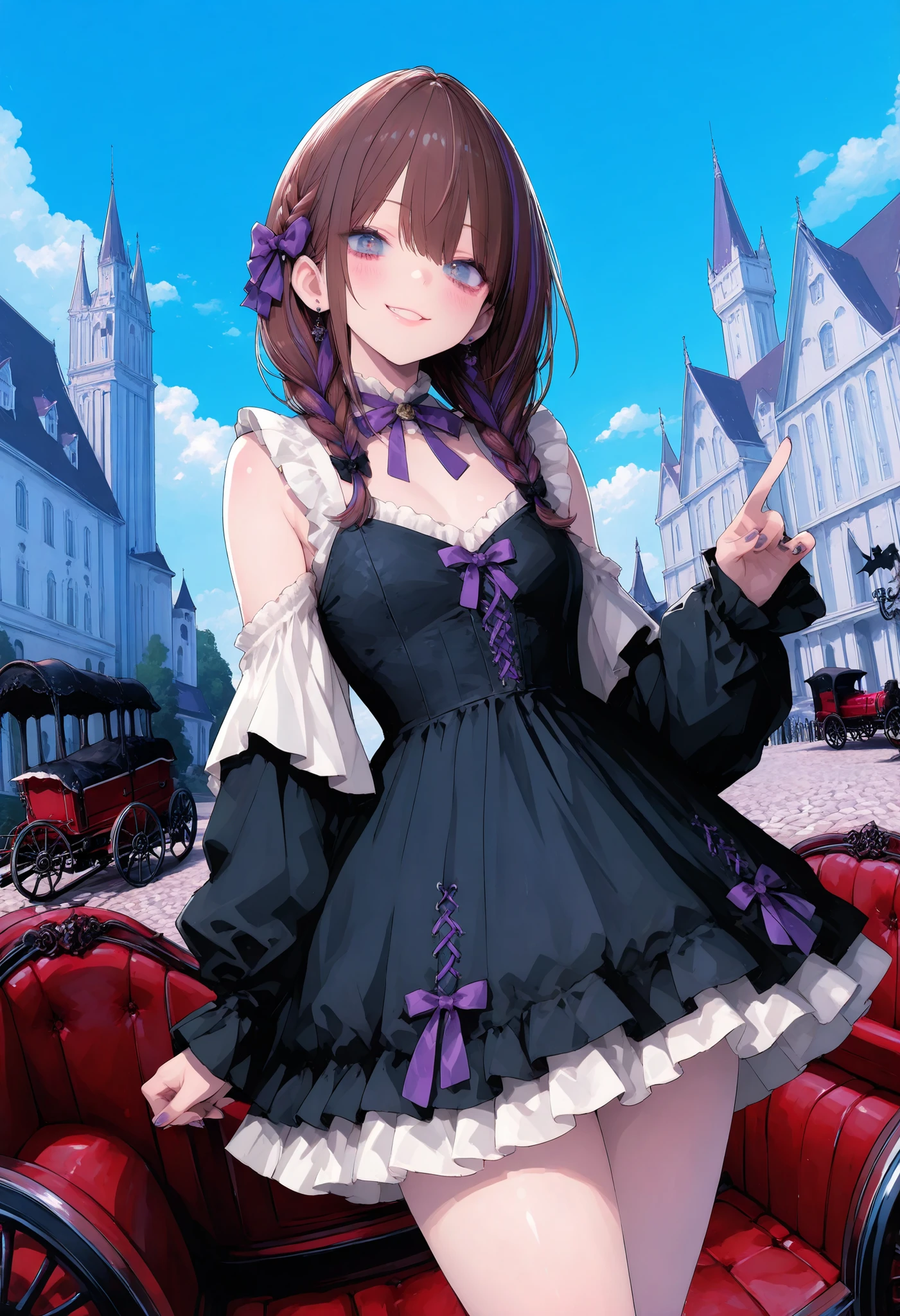 brown hair,shortcuts,unkempt hair,Short braided hair,Neat,slender beauty,correct attitude,small breasted,beautiful legs,The enchanting gray-blue eyes are shining like stars,Saggy Eyes,bright color,beautiful eyes,A delicate smile,cowboy shot、gothic parade、(((carriage)))、gothic girl、((behind black ghost march))、((Ghost silhouette))、Tokyo Disneyland,Tokyo Disneylandの活気に満ちた魔法のような雰囲気の中を歩く, casual clothes that pierce your cheeks with your fingers、cute clothes、Cinderella Castle can be seen in the background, warm sunshine、The Vibrance and Cheerful Atmosphere of Disneyland,Families and couples pass by,heavy and glamorous atmosphere、gorgeous float、漆黒の馬が引くcarriage、masquerade costumes、Elegant decoration、frills、race、gold embroidery、crimson and purple velvet、fiery torches、Night City、Cobblestone、majestic architecture、Contrast of Shadow and Light、Mysterious、fantastic、dramatic、High Fine、meteor、空から降り注ぐmeteor、無数のmeteor群、Textured Skin,best quality,gentle and beautiful woman,anime style、high quality lighting、add a bit of cyberpunk vibe、emphasis on detail、8K、masterpiece、Art Station、cinematic、volumetric lighting、cinematic vibe、Decadent Beauty、deep composition、