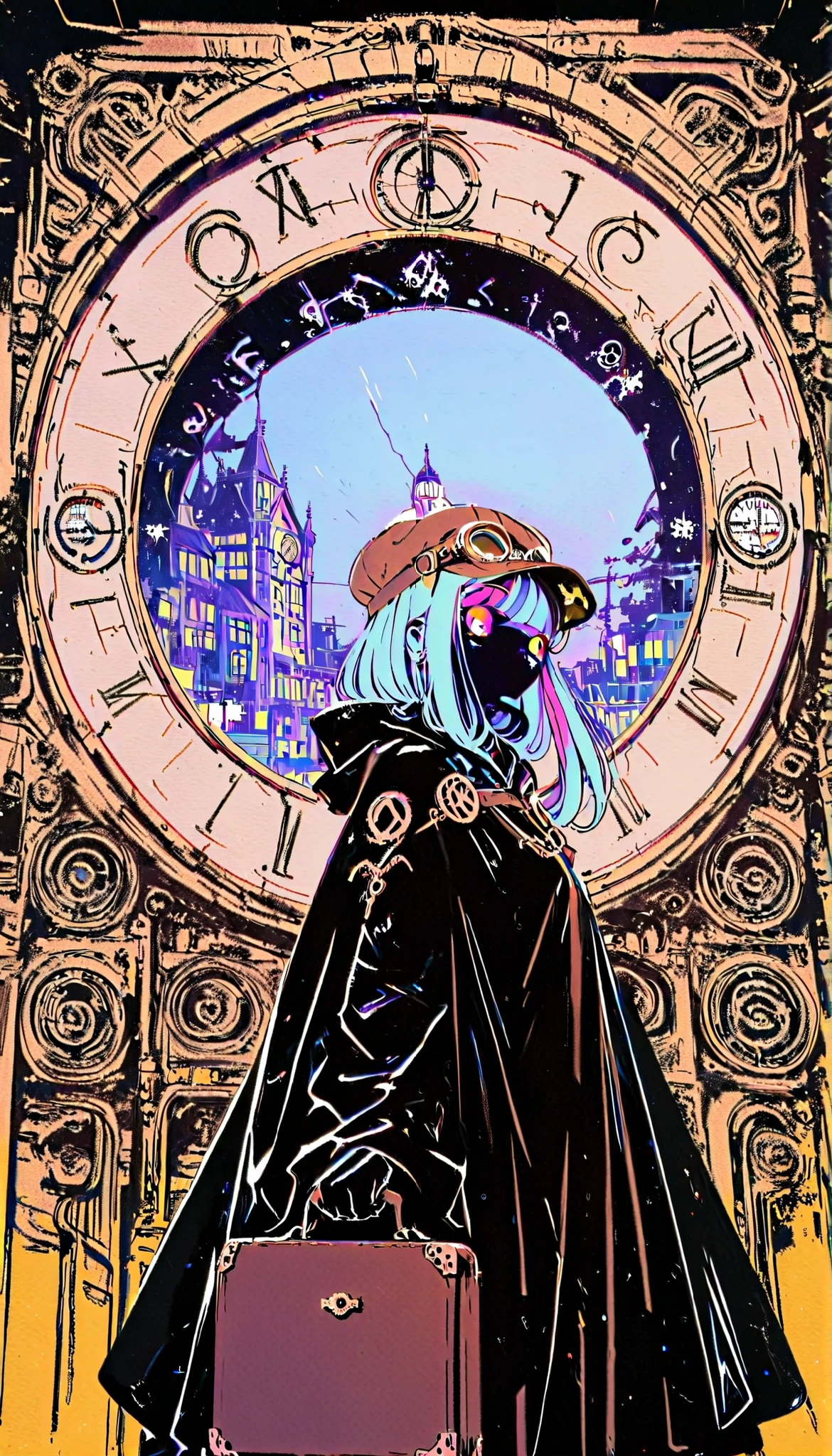 (double exposure:1.5),(((Double exposure cloak))),(A girl standing on the hands of a large clock in a clock tower),1girl,shampoo \(Ranma 1/2\),(beautiful girl:1.3),masterpiece,1girl,Ultra-high resolution,rich contrast,Very high quality,8k,Highly detailed CG unit wallpaper,Texture,RAW Photos,professional photograph,an extremely delicate and beautiful,Incredibly absurd,Depth of written boundary 1.2,Edinburgh's distinctive streets,steampunk,Brown goggles,(hair color is light blue:1.5),Brown hat,merchant,Brown halter neck garter corset,cloak,briefcase,pitch black night,(The unseen new continent of dreams is depicted on her cloak:1.5),(Cloak close up:1.3),Set-Flat-Style, flat color, clean lines, screentones, graphic style, flat illustration, dynamic composition, high contrast