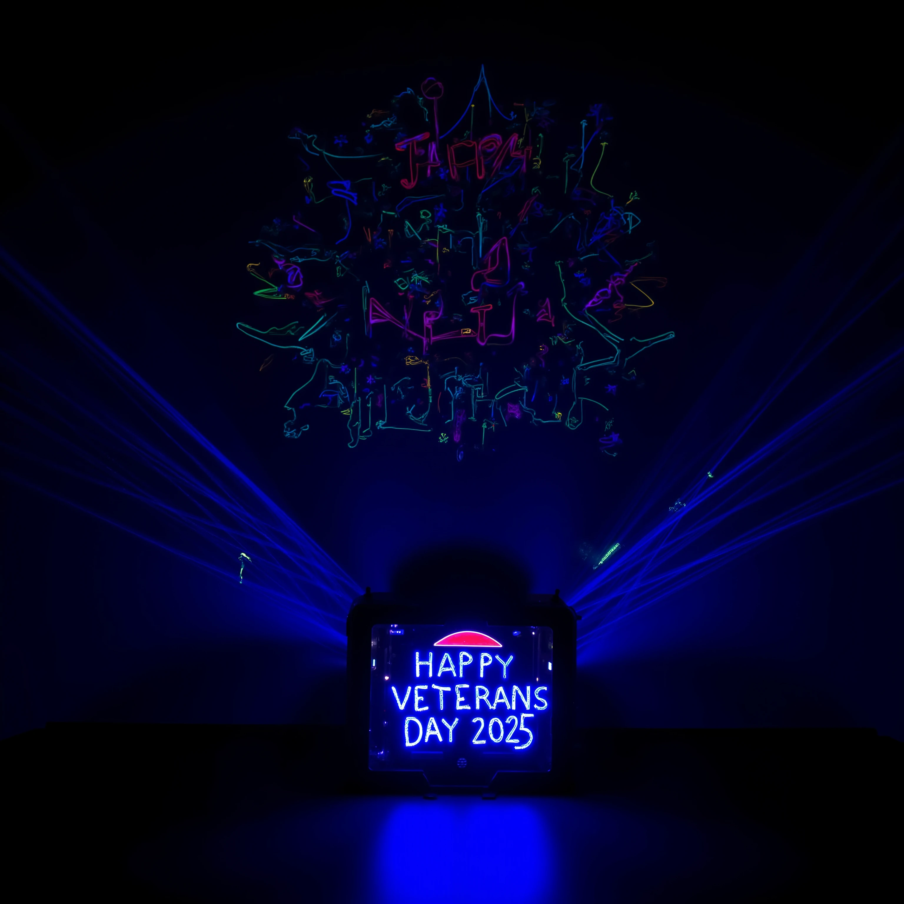 zavy-lghttrl, in a darkened room light trails travel from lasers through mirrors and prisms, the lasers all meet inside of a black box to spell "Happy Veterans Day 2025"