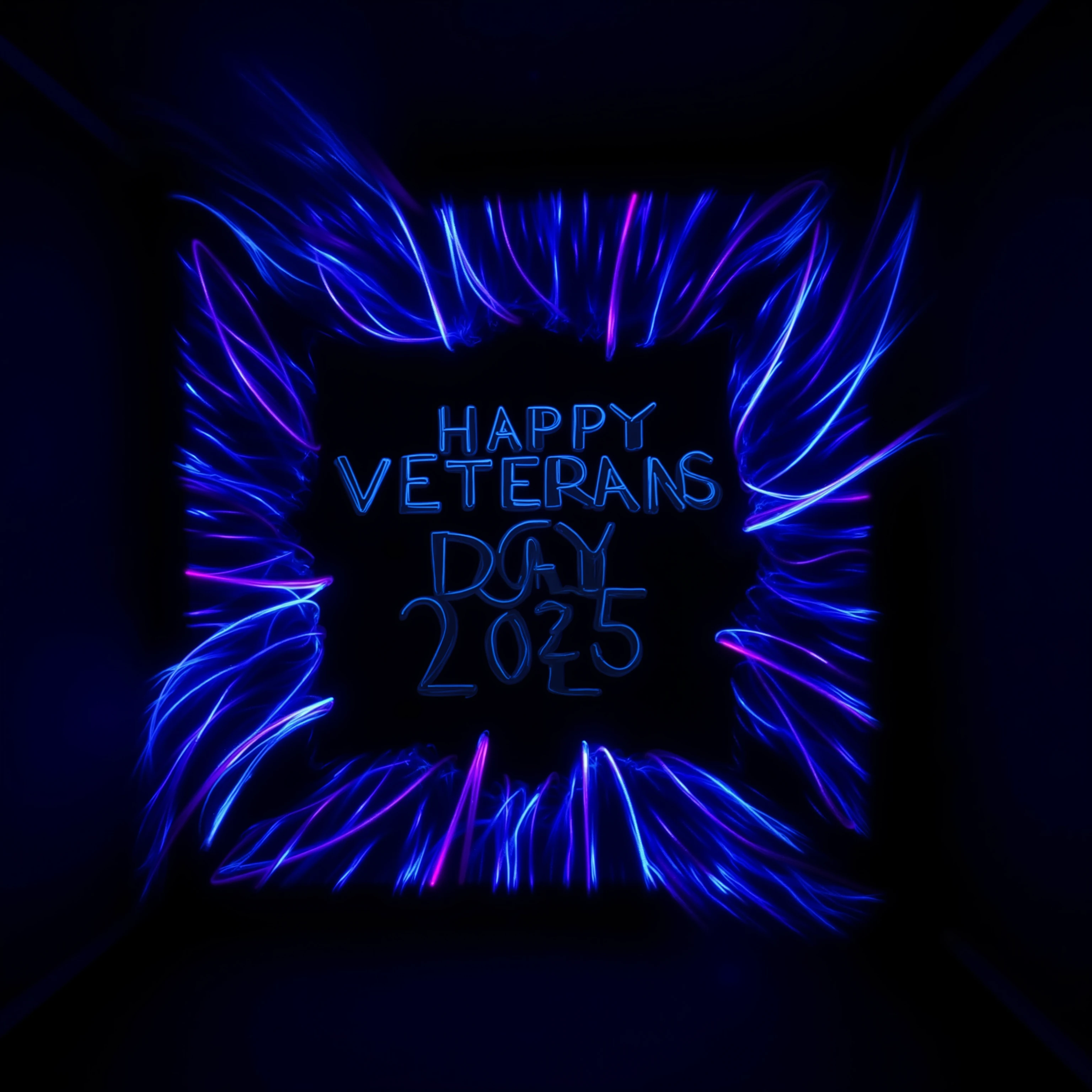 zavy-lghttrl, in a darkened room light trails travel from lasers through mirrors and prisms, the lasers all meet inside of a black box to spell "Happy Veterans Day 2025"