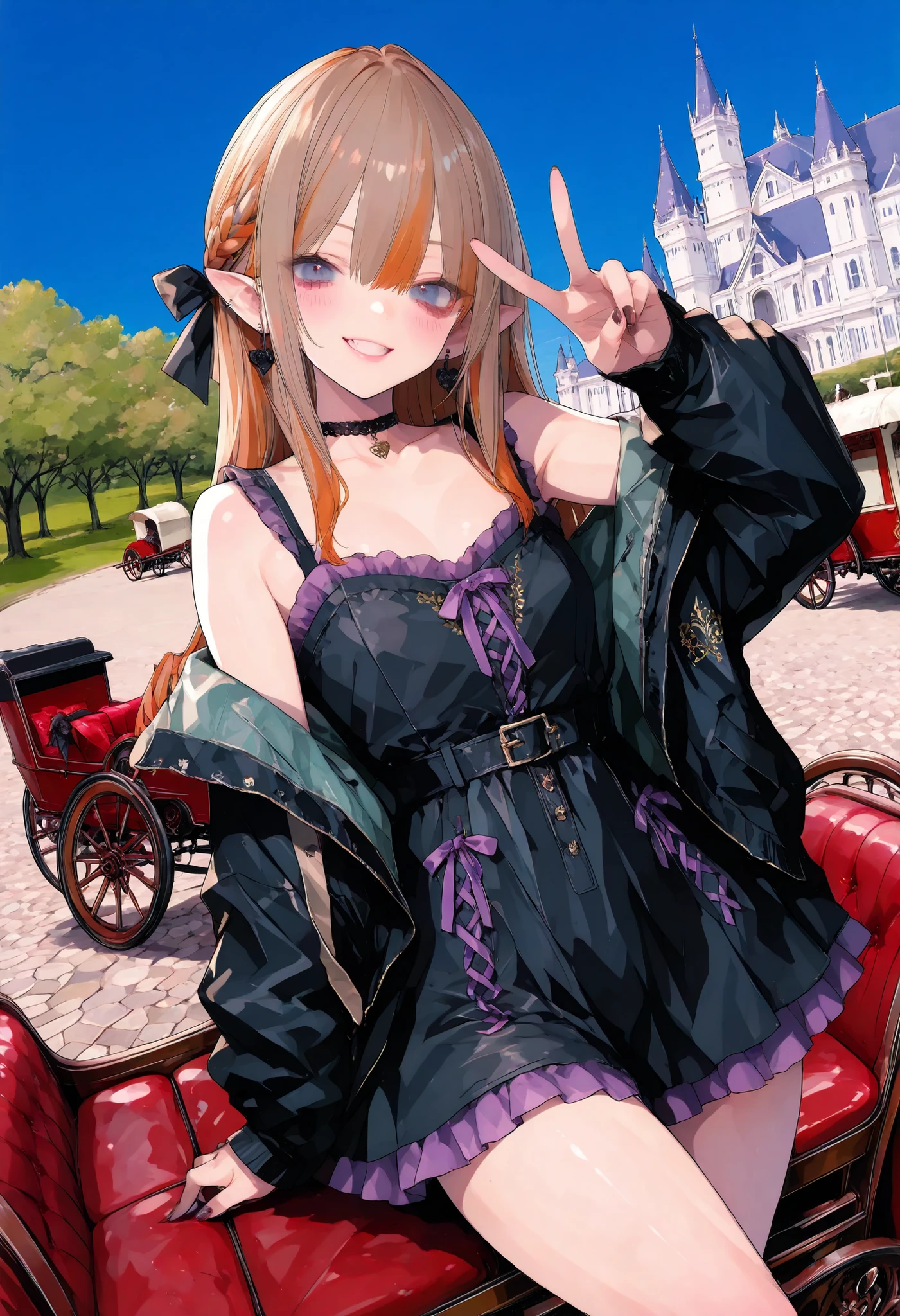 brown hair,shortcuts,unkempt hair,Short braided hair,Neat,スレンダー美people,correct attitude,small breasted,beautiful legs,The enchanting gray-blue eyes are shining like stars,Saggy Eyes,bright color,beautiful eyes,A delicate smile,cowboy shot、gothic parade、(((carriage)))、gothic girl、((背後に黒いpeople々The march of))、((people々silhouette with 2 heads))、Tokyo Disneyland,Tokyo Disneylandの活気に満ちた魔法のような雰囲気の中を歩く, casual clothes that pierce your cheeks with your fingers、cute clothes、Cinderella Castle can be seen in the background, warm sunshine、The Vibrance and Cheerful Atmosphere of Disneyland,Families and couples pass by,heavy and glamorous atmosphere、gorgeous float、漆黒の馬が引くcarriage、masquerade costumes、Elegant decoration、frills、race、gold embroidery、crimson and purple velvet、fiery torches、Night City、Cobblestone、majestic architecture、Contrast of Shadow and Light、Mysterious、fantastic、dramatic、High Fine、meteor、空から降り注ぐmeteor、無数のmeteor群、Textured Skin,best quality,gentle and beautiful woman,anime style、high quality lighting、add a bit of cyberpunk vibe、emphasis on detail、8K、masterpiece、Art Station、cinematic、volumetric lighting、cinematic vibe、Decadent Beauty、deep composition、