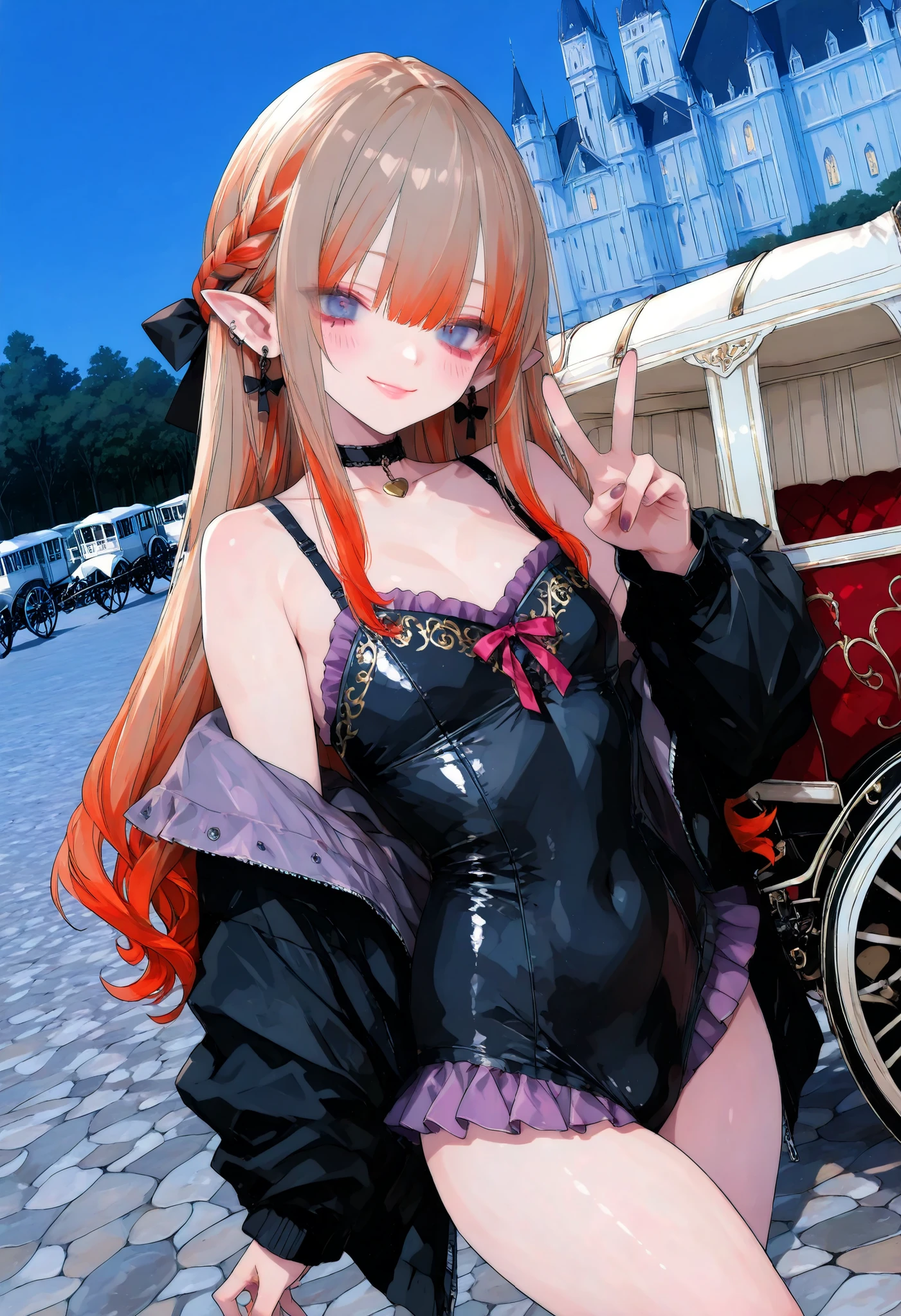 brown hair,shortcuts,unkempt hair,Short braided hair,Neat,スレンダー美people,correct attitude,small breasted,beautiful legs,The enchanting gray-blue eyes are shining like stars,Saggy Eyes,bright color,beautiful eyes,A delicate smile,cowboy shot、gothic parade、(((carriage)))、gothic girl、((背後に黒いpeople々The march of))、((people々silhouette with 2 heads))、Tokyo Disneyland,Tokyo Disneylandの活気に満ちた魔法のような雰囲気の中を歩く, casual clothes that pierce your cheeks with your fingers、cute clothes、Cinderella Castle can be seen in the background, warm sunshine、The Vibrance and Cheerful Atmosphere of Disneyland,Families and couples pass by,heavy and glamorous atmosphere、gorgeous float、漆黒の馬が引くcarriage、masquerade costumes、Elegant decoration、frills、race、gold embroidery、crimson and purple velvet、fiery torches、Night City、Cobblestone、majestic architecture、Contrast of Shadow and Light、Mysterious、fantastic、dramatic、High Fine、meteor、空から降り注ぐmeteor、無数のmeteor群、Textured Skin,best quality,gentle and beautiful woman,anime style、high quality lighting、add a bit of cyberpunk vibe、emphasis on detail、8K、masterpiece、Art Station、cinematic、volumetric lighting、cinematic vibe、Decadent Beauty、deep composition、