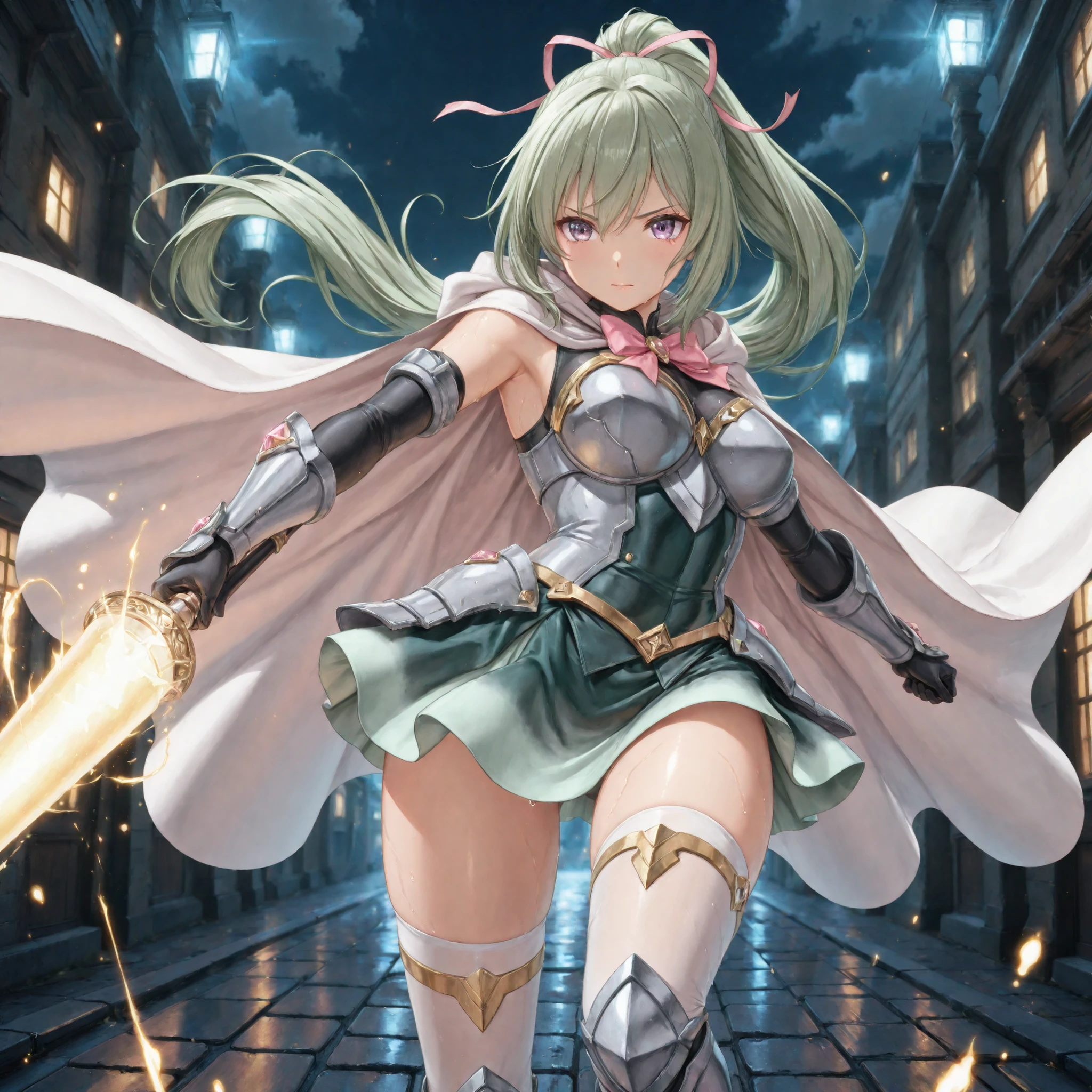 girl solo , (masterpiece, detailed:1.2), (best quality, ultra-detailed, highres, cinematic lighting, dynamic composition), anatomical perfect,
a beautiful magical warrior girl fighting in the middle of a city at night,
she wields a long glowing magic lance surrounded by luminous runes and swirling energy,
her light green hair flows wildly, purple eyes shining with determination,
sparks, smoke, and glowing magic particles fill the air,
moonlight and streetlights reflecting off her silver armor and the wet stone pavement,
she blocks a powerful magical attack, the impact scattering violet and blue light across the scene,
dramatic low-angle shot, dynamic pose, cloak and ribbons fluttering in motion,
dark fantasy city background illuminated by magic explosions,
intense, powerful, emotional atmosphere, anime-style fantasy battle scene
light green hair, long hair, ponytail, hair ribbon, purple eyes, silver armor, pink bowtie, green short dress, detached sleeves, white thigh-highs, elegant and fierce expression