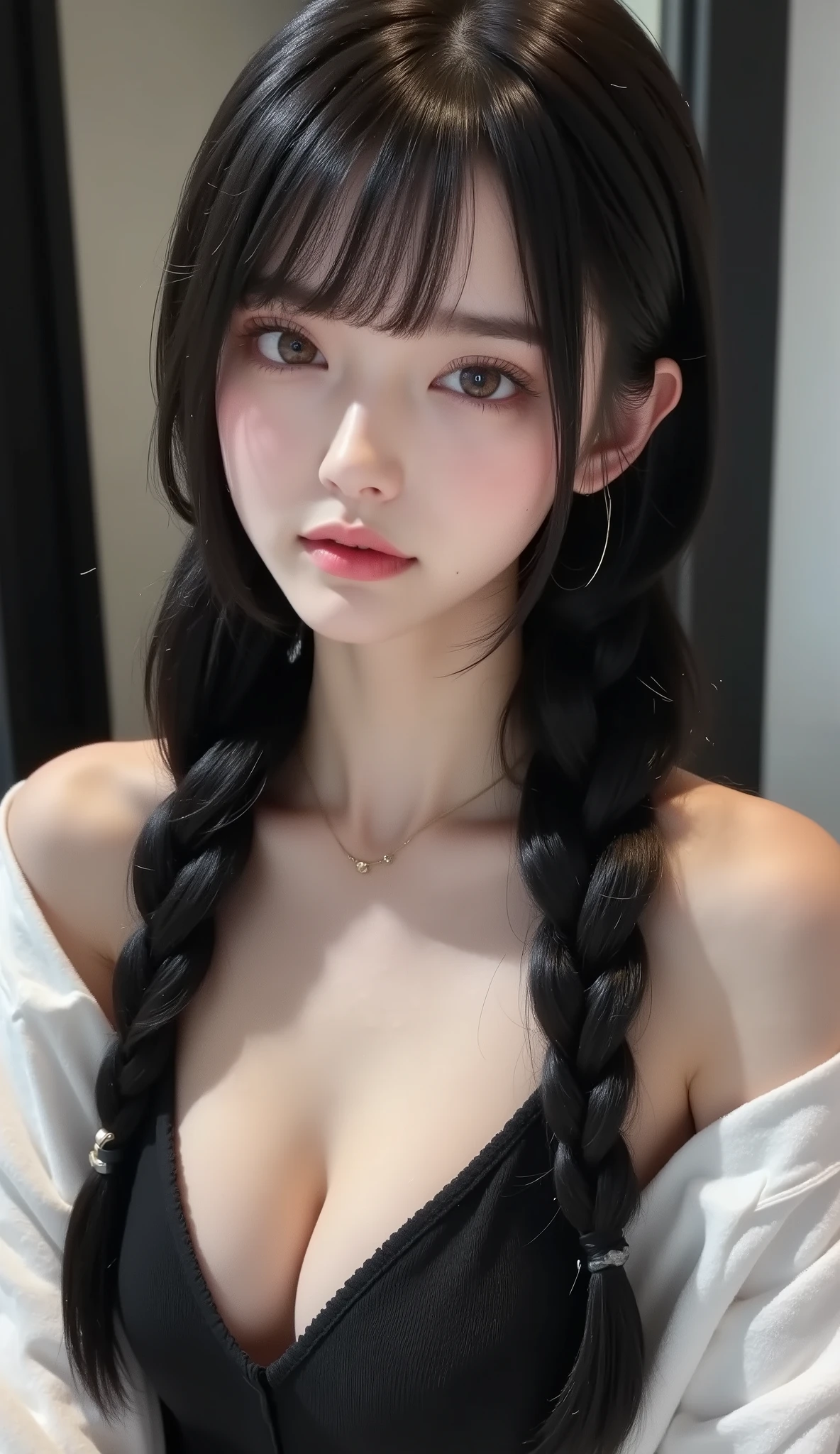 professional fashion model ,  model photography ,  Dynamic Composition,  charming and surprising angles,  professional camera work ,  and above; the highest quality,  pull out a huge penis with a very sophisticated,  realistic skin texture , Ultra Hi-Vision,  high definition, correct, 해부학적으로 correct, masterpiece, Premier,  beautiful hair,  black camisole, face up with eyebrows,smile,  Blurry Background ,  DROP SHADOW,  corrosive material,  cinematic lighting effects ,  ray tracing , 8K octane, Filming technique 