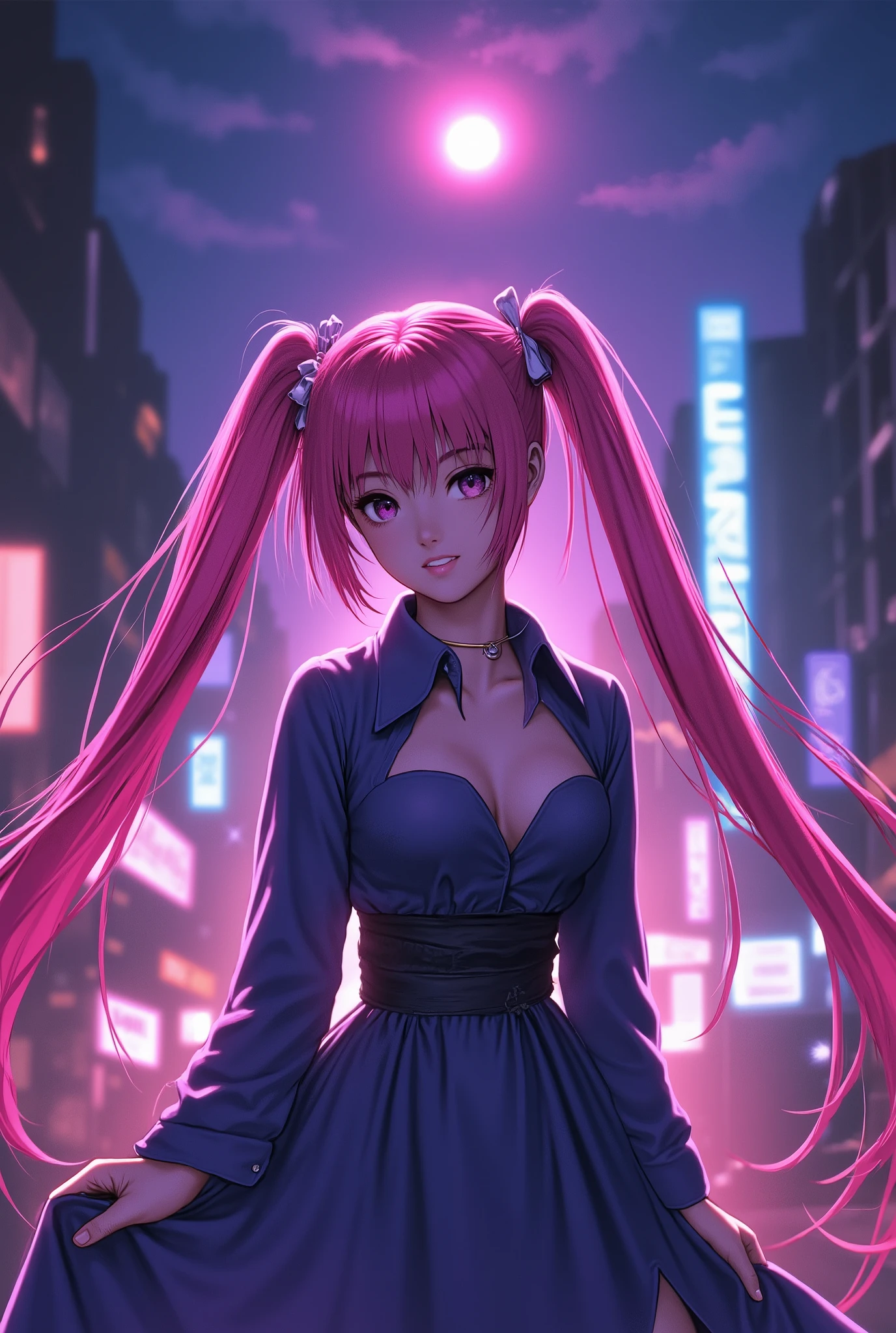 (Light Neon In The City of Street, Night Sky, Cloud Sky), Pink Hair, (Very Long Twintails, Hime Cut Hair), Pink Thin Eyebrows, Purple Lips, Perfect Lips, Collarbone, Cleavage, (Medium Breasts), Small Waist, Normal Midriff, (Collar Neck Dress Long, Sleeves Long), Looking At Viewer, Pov