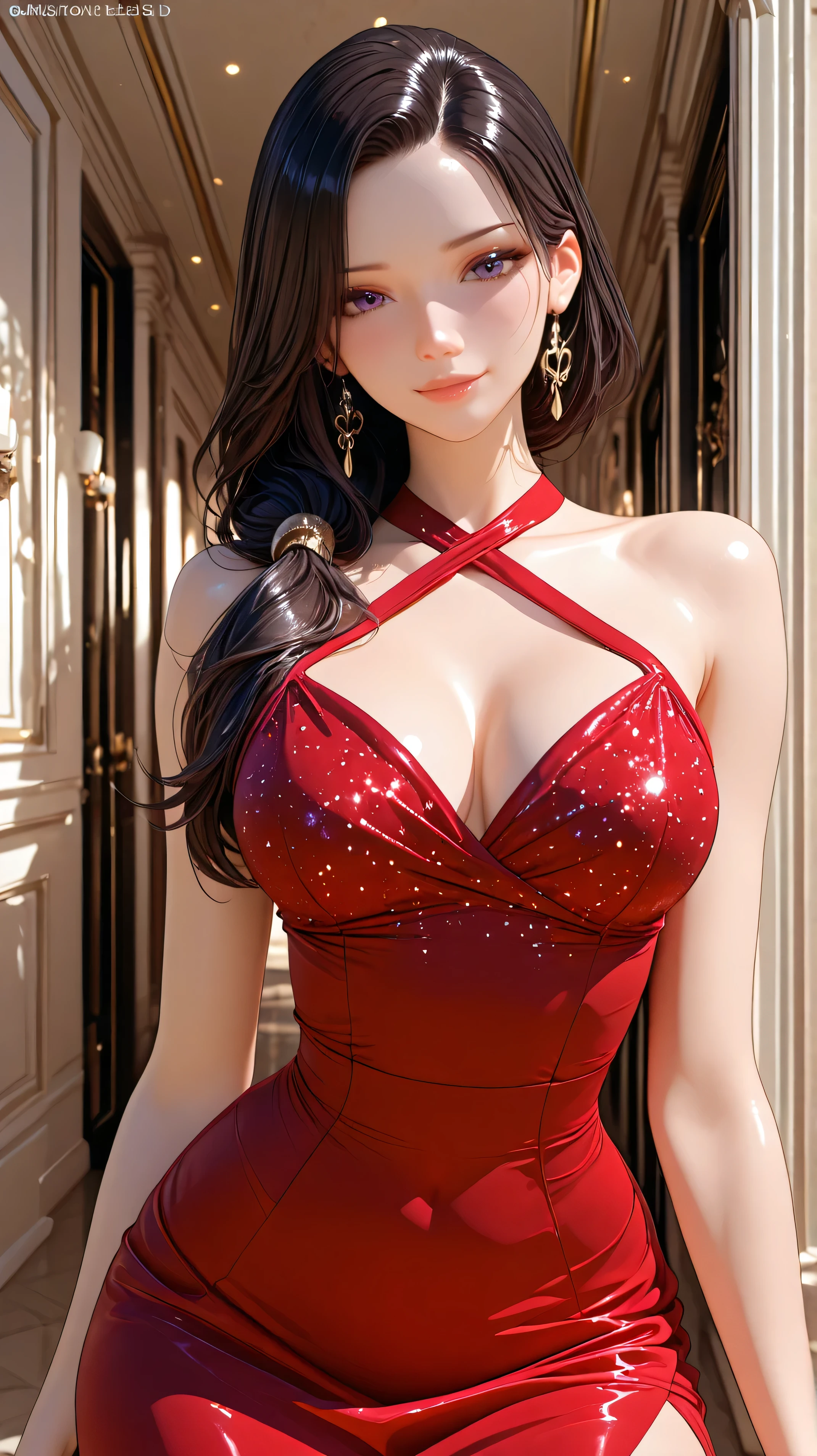 consistent model, A hyperrealist, elegant 3D style model about 25 years old, with a confident and professional expression. She wears a luxurious bright red formal dress adorned with sequins, Crossed halter neckline, 