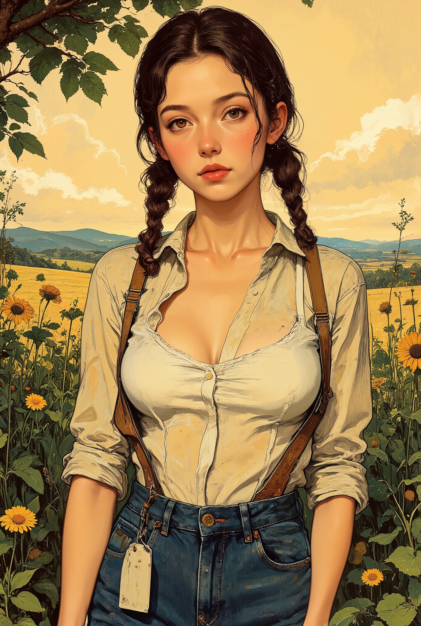 A busty farm girl, (art by Norman Rockwell). Farmer's daughter, (full chest), large breasts. A detailed portrait of a young woman. Realistic, highly detailed facial features, expressive eyes, subtle expression, blushing, looking at the viewer, round face, flushed cheeks, cherry lips, parted lips, wavy brown hair, poufy pigtails, hourglass figure, man's button-up shirt, shirt is unbuttoned, shirt is open, white bra, suspenders, blue jeans. The background is an early 20th century image of rural America, with vast fields and lush green countryside. Golden sunlight, warm tones, 20th century imagery, stunning oil painting, intricate textures, dramatic chiaroscuro, vivrant colors, realistic, 8K.