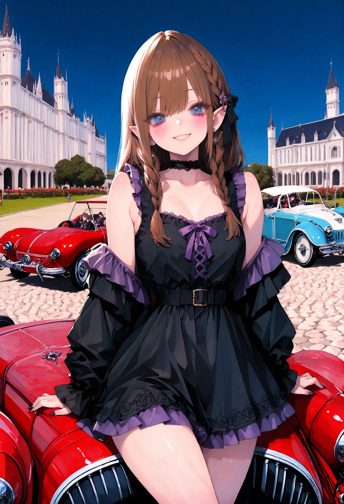 brown hair,shortcuts,unkempt hair,Short braided hair,Neat,スレンダー美people,correct attitude,small breasted,beautiful legs,The enchanting gray-blue eyes are shining like stars,Saggy Eyes,bright color,beautiful eyes,A delicate smile,cowboy shot、gothic parade、(((classic cars)))、gothic girl、((背後に黒いpeople々The march of))、((people々silhouette with 2 heads))、Tokyo Disneyland,Tokyo Disneylandの活気に満ちた魔法のような雰囲気の中を歩く, casual clothes that pierce your cheeks with your fingers、cute clothes、Cinderella Castle can be seen in the background, The Vibrance and Cheerful Atmosphere of Disneyland,people々Passes by,heavy and glamorous atmosphere、gorgeous float、A horse-drawn carriage drawn by a jet black horse、masquerade costumes、Elegant decoration、frills、race、gold embroidery、crimson and purple velvet、fiery torches、Night City、Cobblestone、majestic architecture、Contrast of Shadow and Light、Mysterious、fantastic、dramatic、High Fine、meteor、空から降り注ぐmeteor、無数のmeteor群、Textured Skin,best quality,gentle and beautiful woman,anime style、high quality lighting、add a bit of cyberpunk vibe、emphasis on detail、8K、masterpiece、Art Station、cinematic、volumetric lighting、cinematic vibe、Decadent Beauty、deep composition、