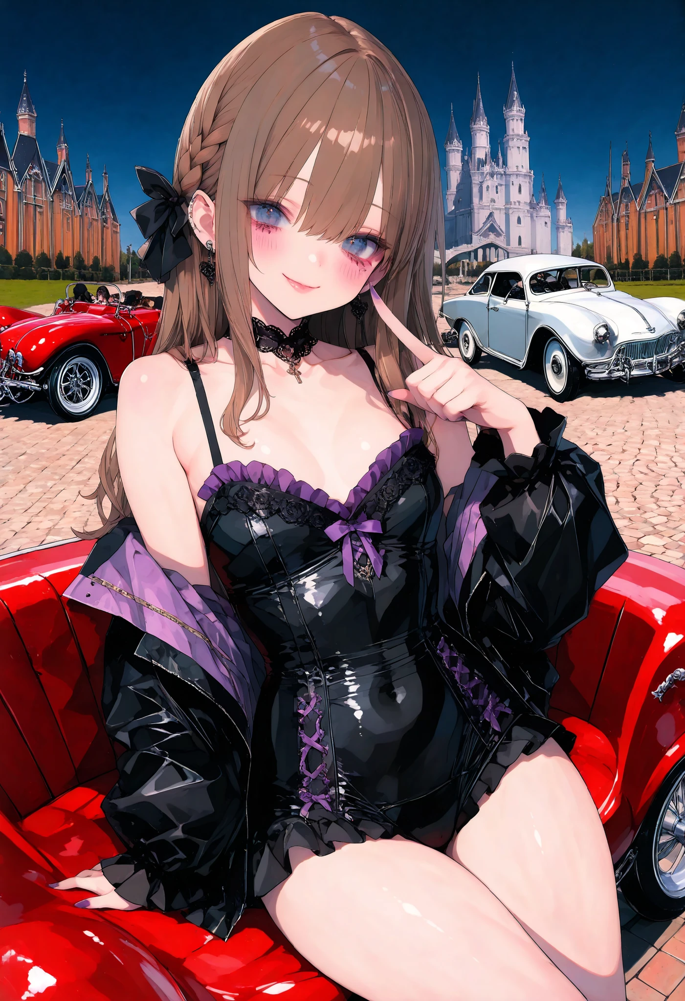 brown hair,shortcuts,unkempt hair,Short braided hair,Neat,スレンダー美people,correct attitude,small breasted,beautiful legs,The enchanting gray-blue eyes are shining like stars,Saggy Eyes,bright color,beautiful eyes,A delicate smile,cowboy shot、gothic parade、(((classic cars)))、gothic girl、((背後に黒いpeople々The march of))、((people々silhouette with 2 heads))、Tokyo Disneyland,Tokyo Disneylandの活気に満ちた魔法のような雰囲気の中を歩く, casual clothes that pierce your cheeks with your fingers、cute clothes、Cinderella Castle can be seen in the background, The Vibrance and Cheerful Atmosphere of Disneyland,people々Passes by,heavy and glamorous atmosphere、gorgeous float、A horse-drawn carriage drawn by a jet black horse、masquerade costumes、Elegant decoration、frills、race、gold embroidery、crimson and purple velvet、fiery torches、Night City、Cobblestone、majestic architecture、Contrast of Shadow and Light、Mysterious、fantastic、dramatic、High Fine、meteor、空から降り注ぐmeteor、無数のmeteor群、Textured Skin,best quality,gentle and beautiful woman,anime style、high quality lighting、add a bit of cyberpunk vibe、emphasis on detail、8K、masterpiece、Art Station、cinematic、volumetric lighting、cinematic vibe、Decadent Beauty、deep composition、