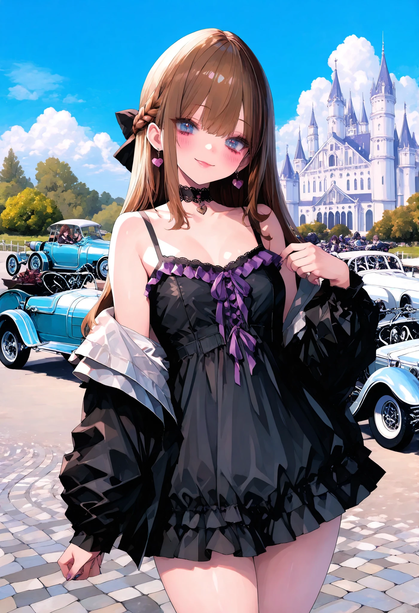 brown hair,shortcuts,unkempt hair,Short braided hair,Neat,スレンダー美people,correct attitude,small breasted,beautiful legs,The enchanting gray-blue eyes are shining like stars,Saggy Eyes,bright color,beautiful eyes,A delicate smile,cowboy shot、gothic parade、(((classic cars)))、gothic girl、((背後に黒いpeople々The march of))、((people々silhouette with 2 heads))、Tokyo Disneyland,Tokyo Disneylandの活気に満ちた魔法のような雰囲気の中を歩く, casual clothes that pierce your cheeks with your fingers、cute clothes、Cinderella Castle can be seen in the background, The Vibrance and Cheerful Atmosphere of Disneyland,people々Passes by,heavy and glamorous atmosphere、gorgeous float、A horse-drawn carriage drawn by a jet black horse、masquerade costumes、Elegant decoration、frills、race、gold embroidery、crimson and purple velvet、fiery torches、Night City、Cobblestone、majestic architecture、Contrast of Shadow and Light、Mysterious、fantastic、dramatic、High Fine、meteor、空から降り注ぐmeteor、無数のmeteor群、Textured Skin,best quality,gentle and beautiful woman,anime style、high quality lighting、add a bit of cyberpunk vibe、emphasis on detail、8K、masterpiece、Art Station、cinematic、volumetric lighting、cinematic vibe、Decadent Beauty、deep composition、