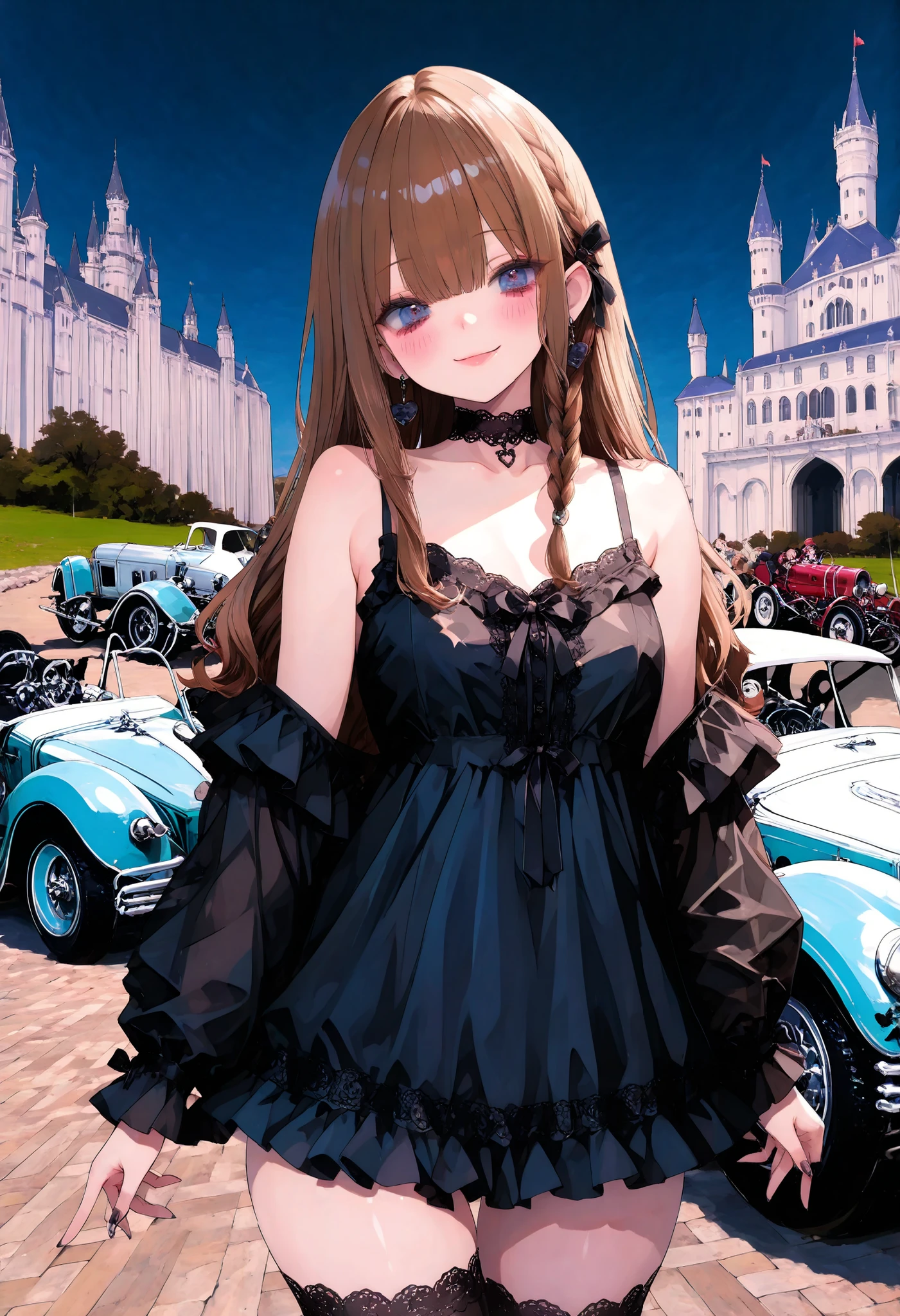 brown hair,shortcuts,unkempt hair,Short braided hair,Neat,スレンダー美people,correct attitude,small breasted,beautiful legs,The enchanting gray-blue eyes are shining like stars,Saggy Eyes,bright color,beautiful eyes,A delicate smile,cowboy shot、gothic parade、(((classic cars)))、gothic girl、((背後に黒いpeople々The march of))、((people々silhouette with 2 heads))、Tokyo Disneyland,Tokyo Disneylandの活気に満ちた魔法のような雰囲気の中を歩く, casual clothes that pierce your cheeks with your fingers、cute clothes、Cinderella Castle can be seen in the background, The Vibrance and Cheerful Atmosphere of Disneyland,people々Passes by,heavy and glamorous atmosphere、gorgeous float、A horse-drawn carriage drawn by a jet black horse、masquerade costumes、Elegant decoration、frills、race、gold embroidery、crimson and purple velvet、fiery torches、Night City、Cobblestone、majestic architecture、Contrast of Shadow and Light、Mysterious、fantastic、dramatic、High Fine、meteor、空から降り注ぐmeteor、無数のmeteor群、Textured Skin,best quality,gentle and beautiful woman,anime style、high quality lighting、add a bit of cyberpunk vibe、emphasis on detail、8K、masterpiece、Art Station、cinematic、volumetric lighting、cinematic vibe、Decadent Beauty、deep composition、
