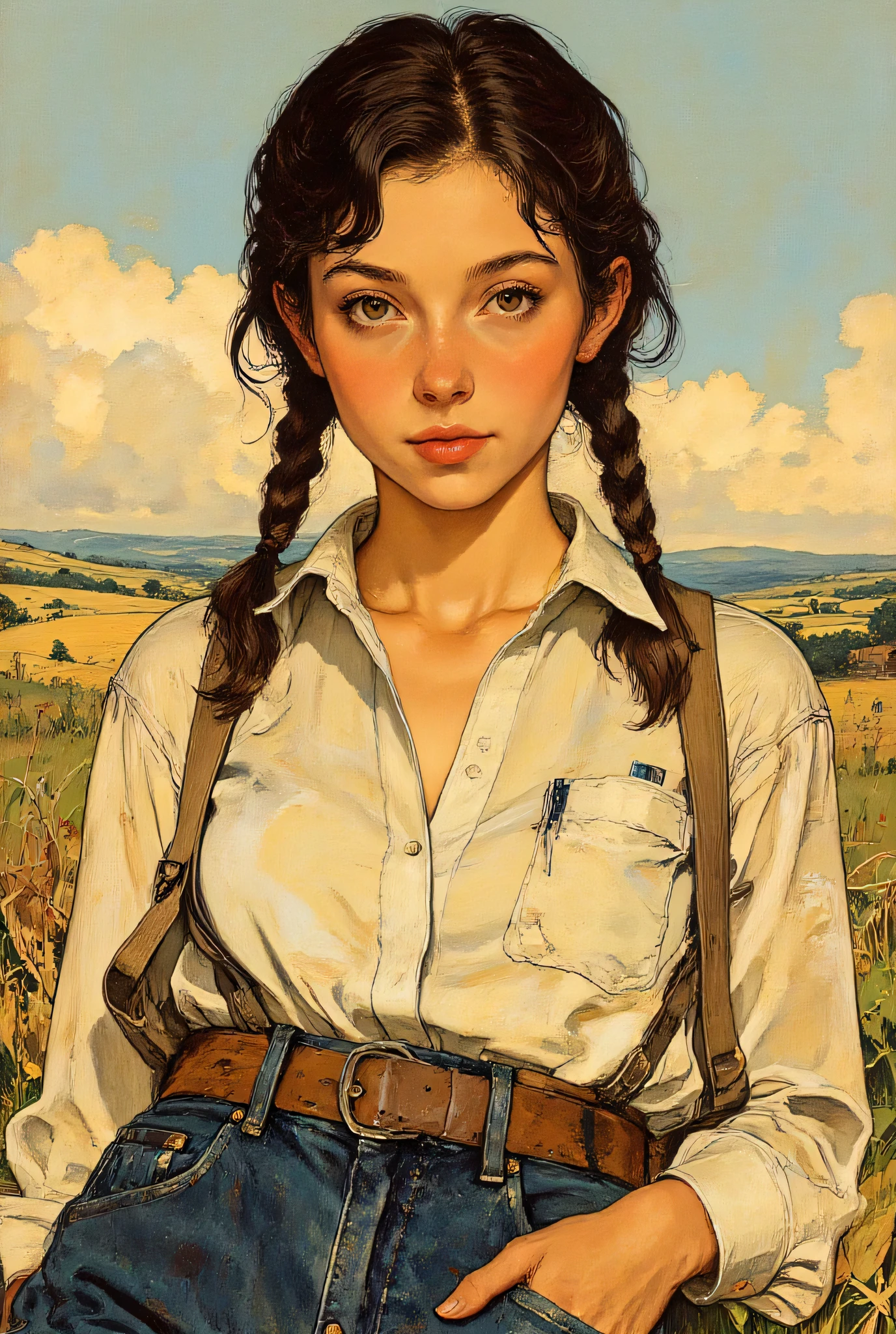 A pretty farm girl, (art by Norman Rockwell). Farmer's daughter, (full chest), busty. A detailed portrait of a young woman. Realistic, highly detailed facial features, expressive eyes, subtle expression, blushing looking at the viewer, round face, flushed cheeks, cherry lips, wavy brown hair, poufy pigtails, hourglass figure, busty, broad hips, large bust, man's button-up shirt, shirt is unbuttoned, suspenders, blue jeans. The background is an early 20th century image of rural America, with vast fields and lush green countryside. Golden sunlight, warm tones, 20th century imagery, stunning oil painting, intricate textures, dramatic chiaroscuro, vivrant colors, realistic, 8K.