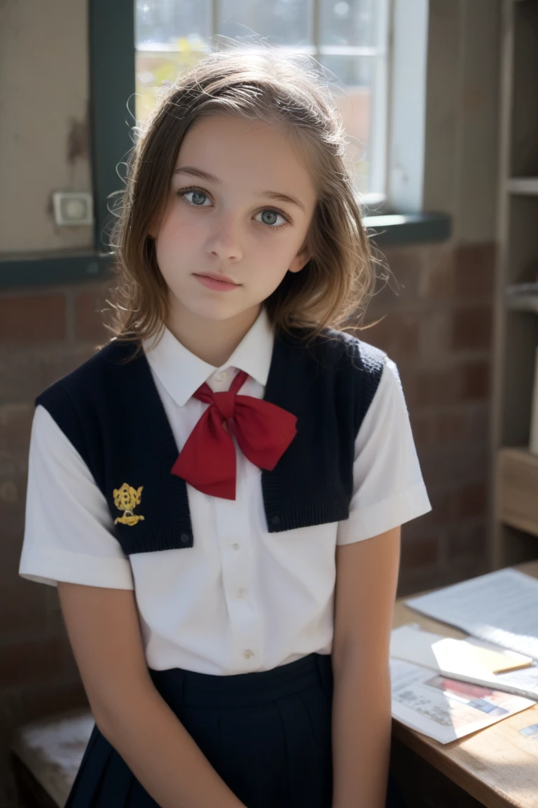 photograph, RAW photo, tv_Natalie_Alyn_Lind_V1, ,wearing a school uniform, in front of a blackboard, classroom, epiCRealism, epiCPhoto,, golden hour,  epiCRealism epiCPhoto 