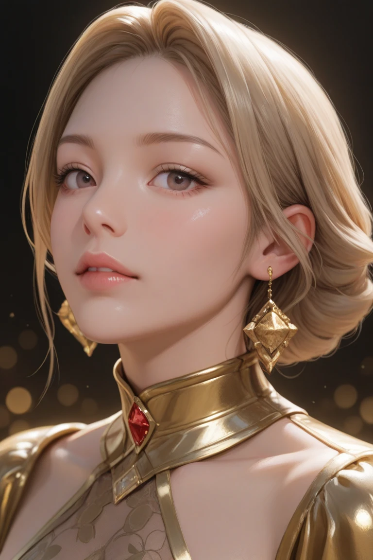 Masterpiece, Best quality, 1 girl, Red eyes, Pale skin, Blonde hair, Short hair, Curly hair, Gold earrings, jewelry, Japanese, Dark blue clothes, Simple background, Solo, Upper body