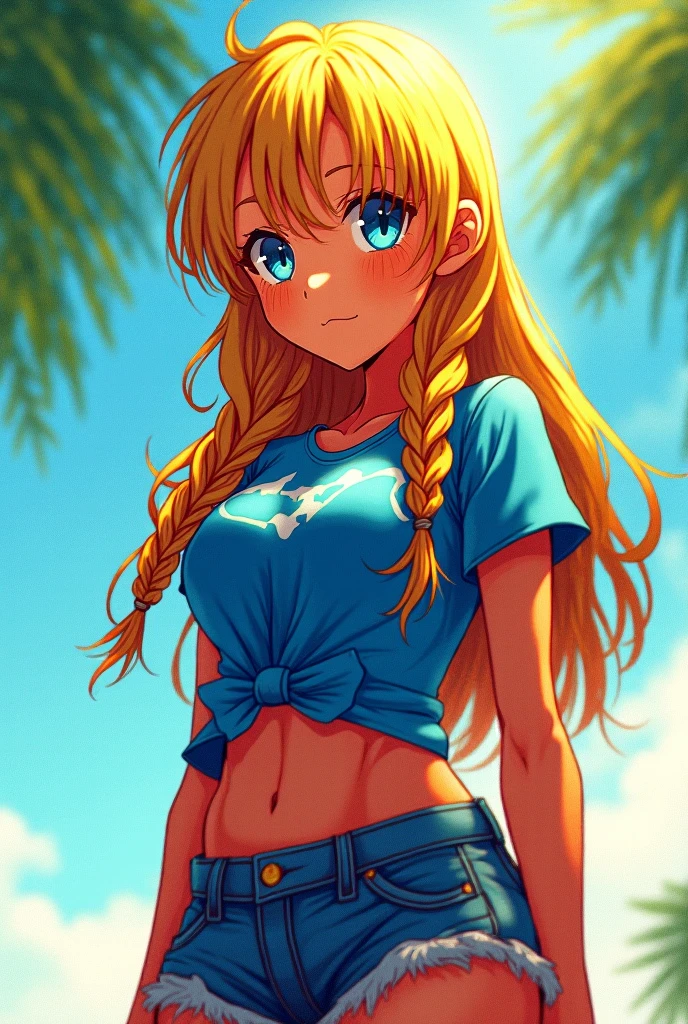 masterpiece, best quality, amazing quality, girl, <lora:Pony Tsunotori (Rocketti) - Illu:1>, long hair, blonde hair, large horns, white horns, blue eyes, large eyes, short girl, colorful top, sleeveless, navel, denim shorts, spaghetti strap, sunglasses on head, beach, sunny, sunbathing, reclining, happy, dynamic angle,