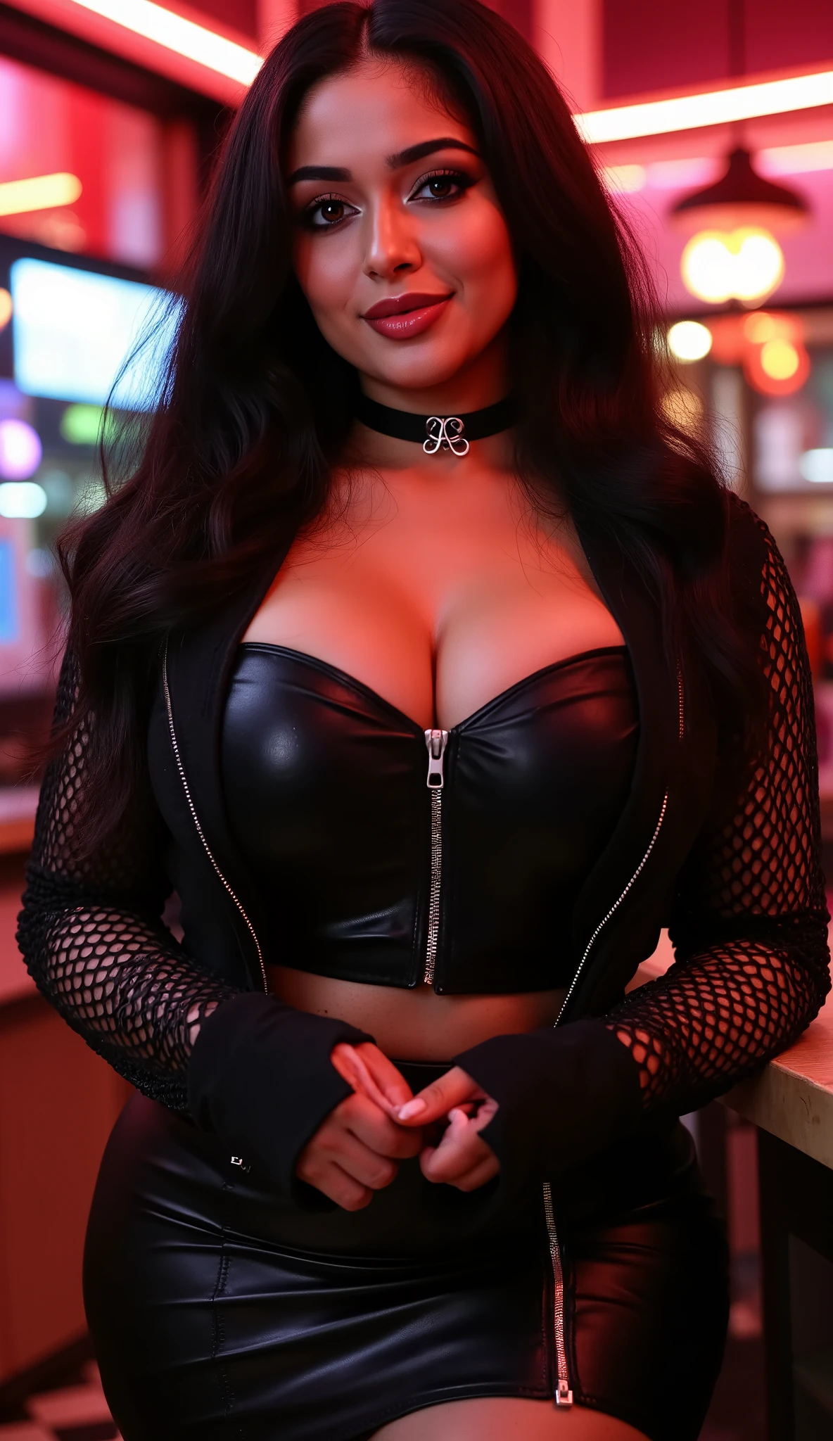 extreme close up photo of ((Asin)), ((Asin)), looking at viwer standing middle of a dance bar , curvy, midriff Wearing: fishnet jacket, choker, bandeau thight orenge crop top, black leather micro skirt ) in kitchen, Long wavy hair, smile, cleavage , zipper dress, thicc red lips