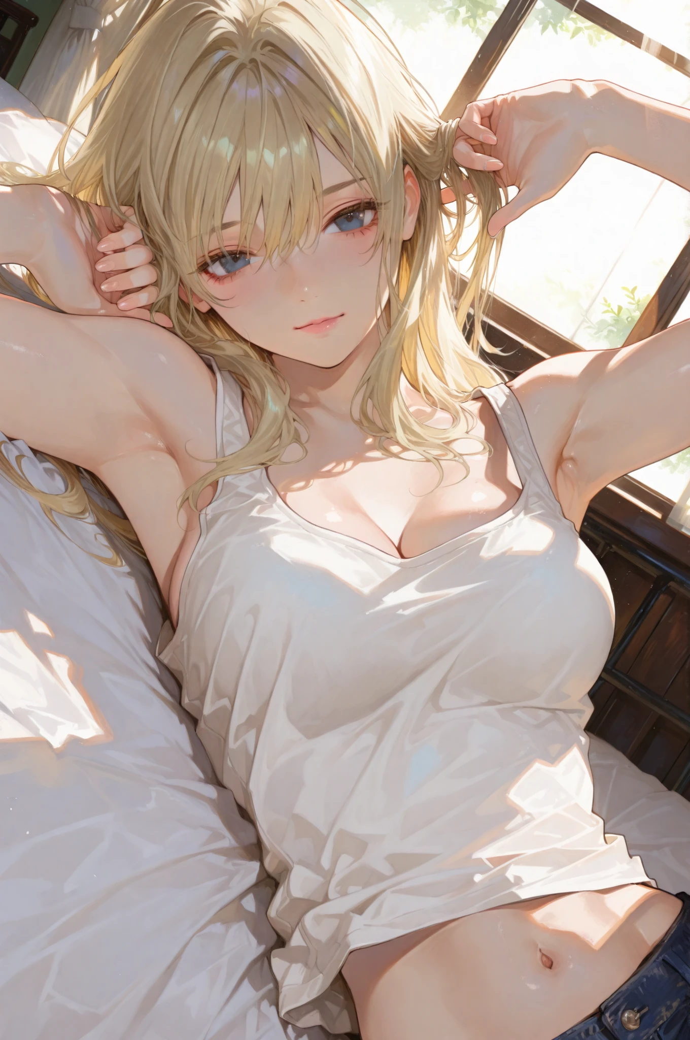 (masterpiece:1.5, ultra-detailed, in the style of Oh! Great, stylish manga illustration, perfect detailed 5 fingers, sharp and bold line art, expressive inking, semi-realistic anatomy, dynamic dutch angle composition, cinematic depth, beautiful girl with slender figure, lying on a bed, raising one arm to expose her armpit, gaze directly towards the viewer, wearing white tank top, cleavage, navel, natural relaxed pose, confident yet gentle expression, soft wind moving her hair strands, sunlight from the window highlighting her silhouette, realistic fabric folds on tank top, warm backlight, dramatic shading and highlights, strong contrast between light and shadow, expressive foreshortening, detailed background with subtle room texture, clean modern atmosphere, sense of motion and calmness, modern Japanese illustration style)(cleavage,navel)