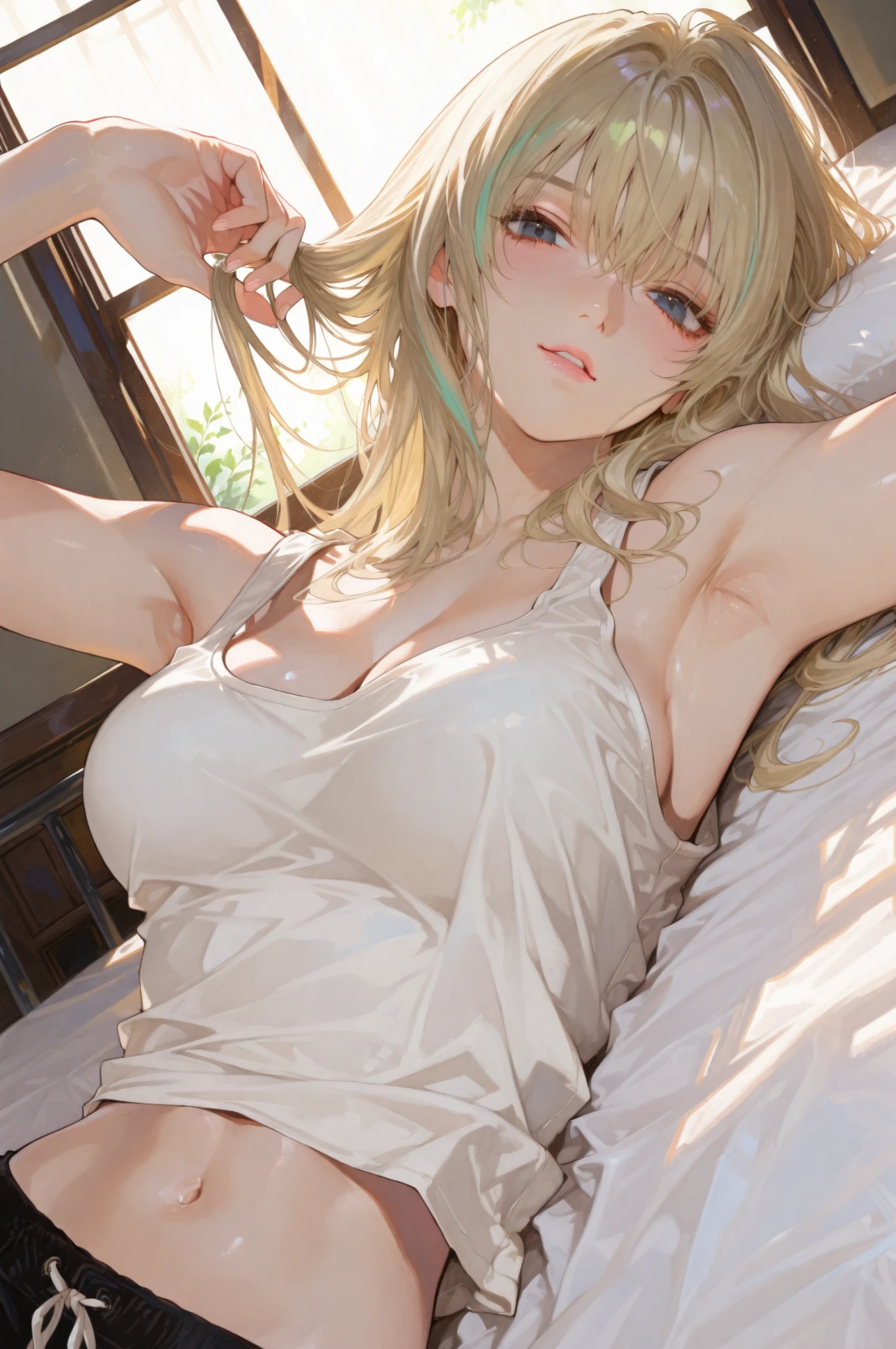 (masterpiece:1.5, ultra-detailed, in the style of Oh! Great, stylish manga illustration, perfect detailed 5 fingers, sharp and bold line art, expressive inking, semi-realistic anatomy, dynamic dutch angle composition, cinematic depth, beautiful girl with slender figure, lying on a bed, raising one arm to expose her armpit, gaze directly towards the viewer, wearing white tank top, cleavage, navel, natural relaxed pose, confident yet gentle expression, soft wind moving her hair strands, sunlight from the window highlighting her silhouette, realistic fabric folds on tank top, warm backlight, dramatic shading and highlights, strong contrast between light and shadow, expressive foreshortening, detailed background with subtle room texture, clean modern atmosphere, sense of motion and calmness, modern Japanese illustration style)(cleavage,navel)