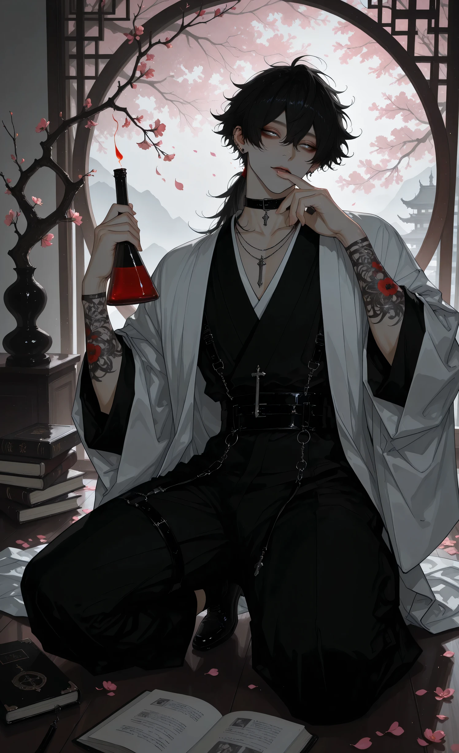masterpiece, best quality, ultra-detailed:1.4, beautiful male alchemist, wearing elegant haori over kimono, long black hair tied back, holding glowing flask that illuminates his face, sitting in seiza position under sakura tree, cherry blossom petals falling on desk and hair, ancient leather-bound books and delicate glassware, magical particles floating in air, soft focus background, ethereal atmosphere, ukiyo-e inspired, digital painting