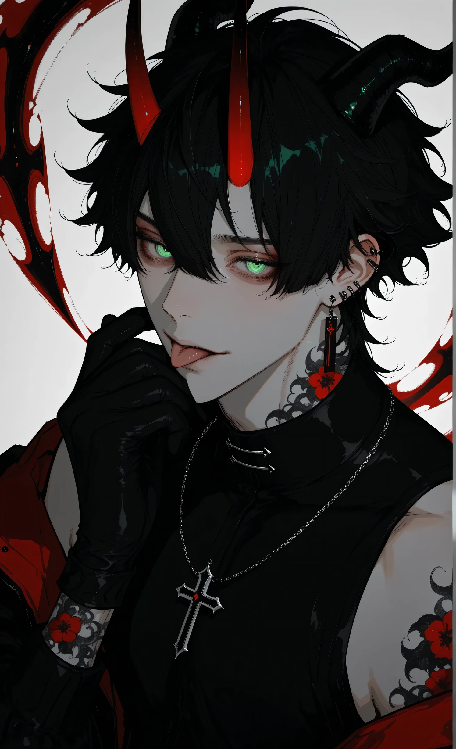 Edge_crimson,masterpiece, newest, absurdres, safe Solo, high detailed, male, handsome, jet black hair, sharp green eyes, dragon horns, upper body, white background