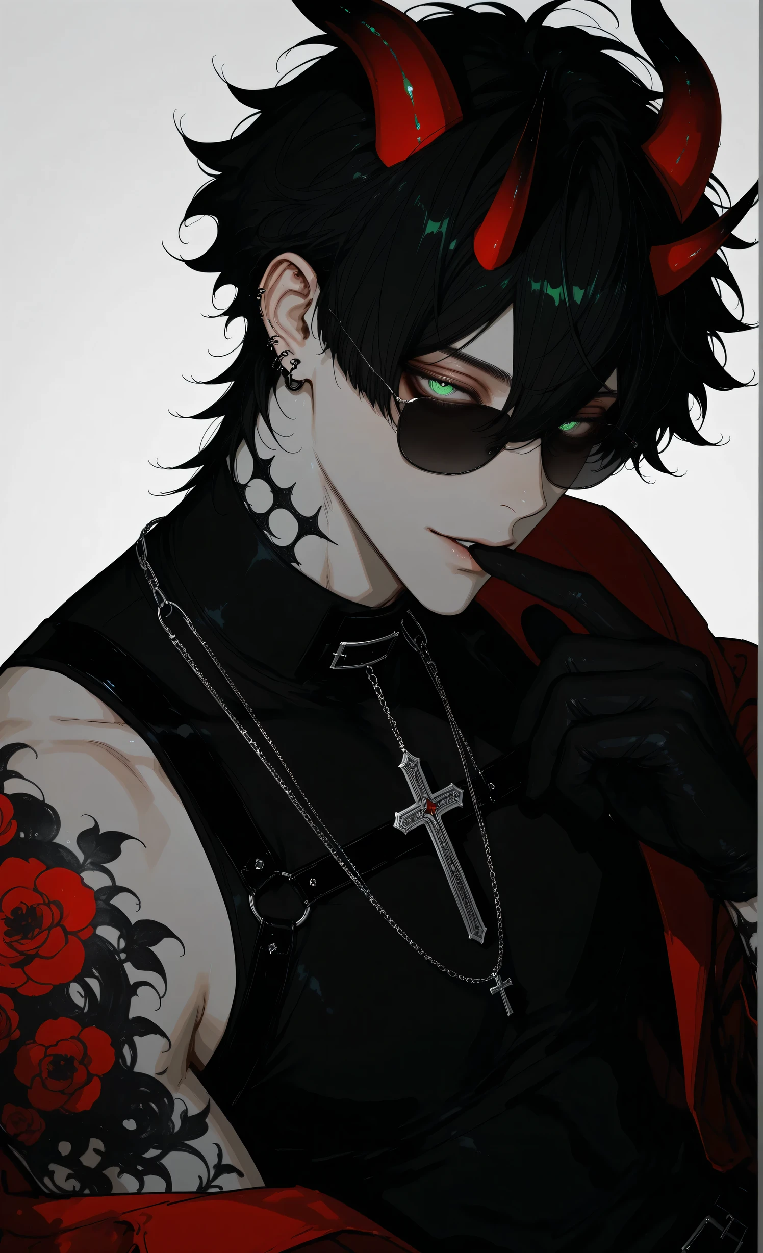 Edge_crimson,masterpiece, newest, absurdres, safe Solo, high detailed, male, handsome, jet black hair, sharp green eyes, dragon horns, upper body, white background