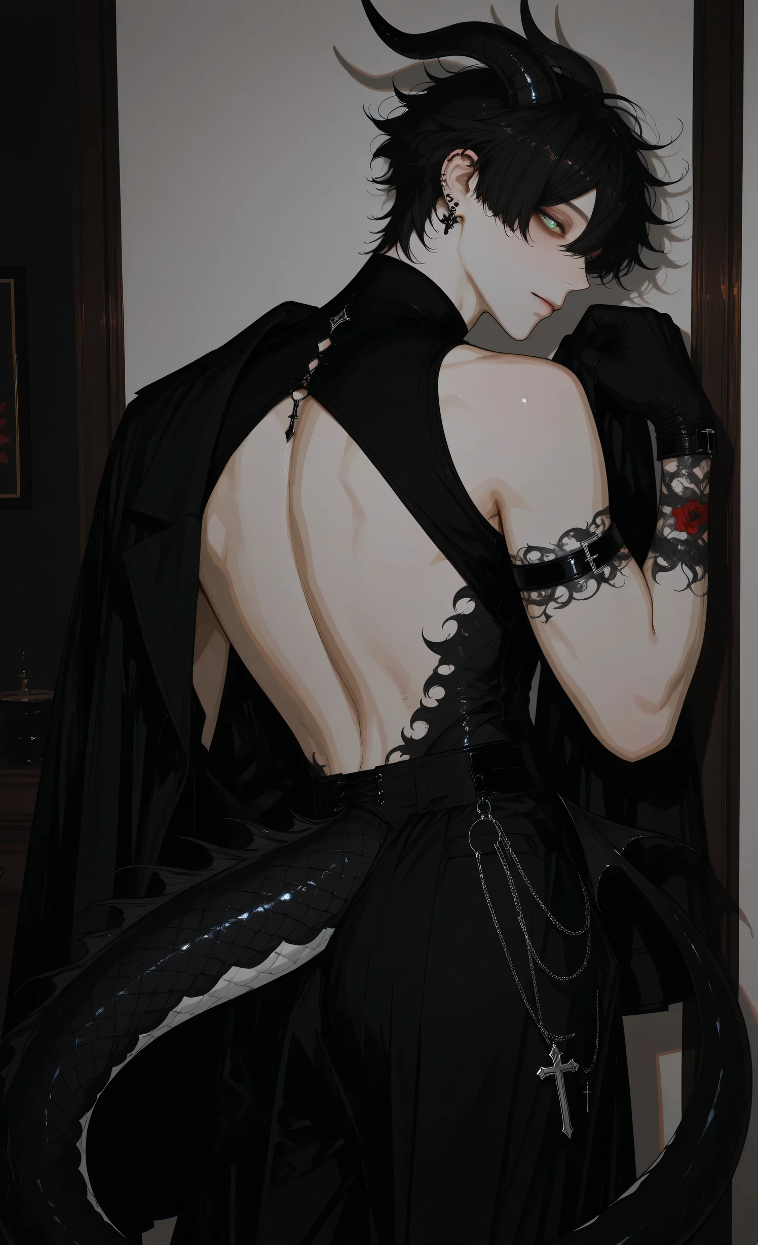 8k, beautiful Perfect Eyes, semi-realism art, semi-realism art style, masterpiece, top quality, amazing quality, exquisite details, very detailed, masterpiece, man, male, masculine, attractive male dragon humanoid, with pale white skin, a very tall, slender and toned body, captivating emerald green eyes, neck-length black hair, beautiful androgynous face, curved dragon horns on head, long powerful dragon tail covered in dark scales emerging from lower back, soft scales on back, shoulders and arms, extremely flexible body, wearing elegant noble attire, majestic draconic aura, divine dragon presence